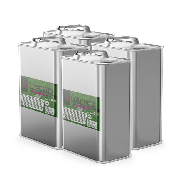 Four steel 1-quart cans of Alliance Chemical Methyl Isobutyl Ketone ACS Grade with labels and metal handles.