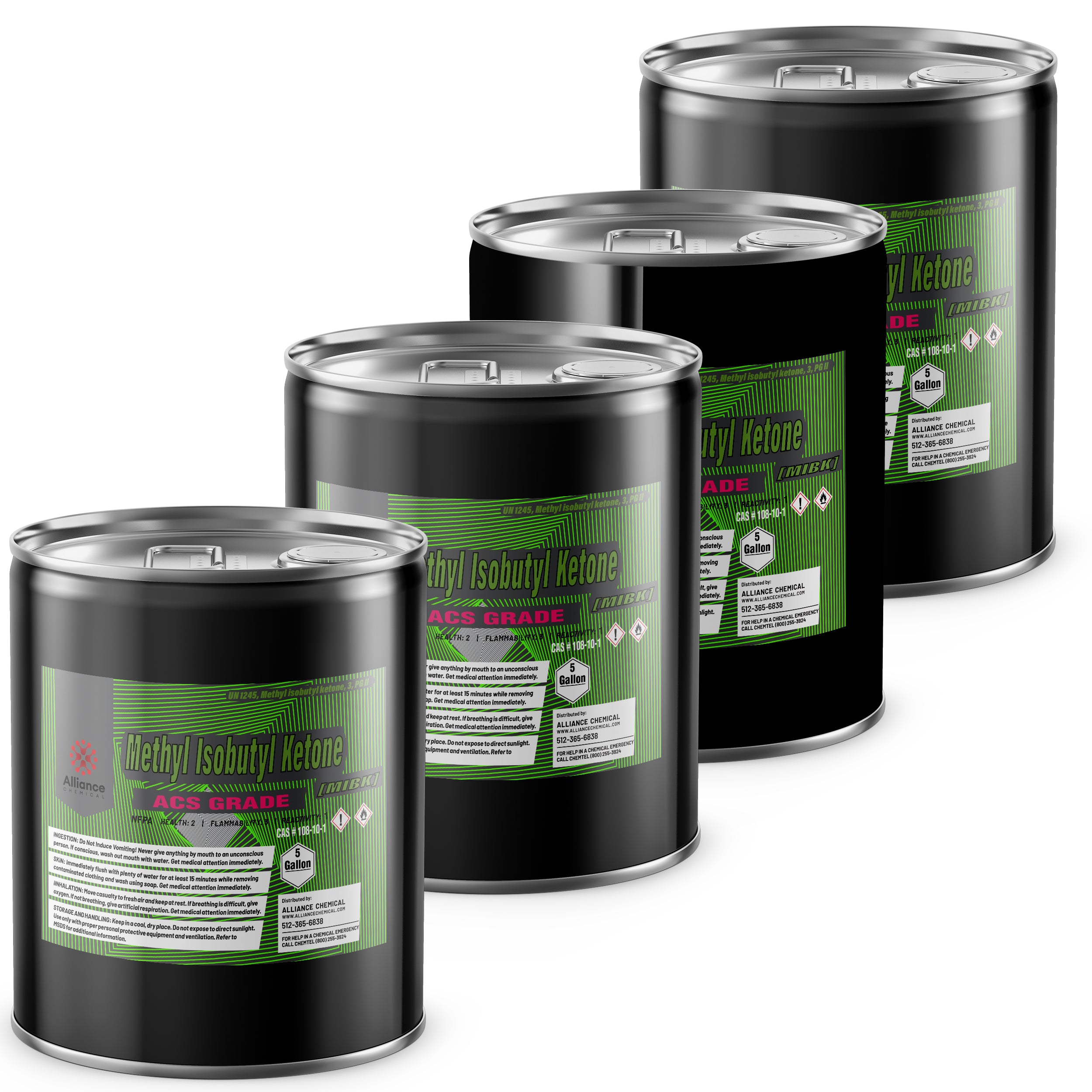 5-gallon black steel drums of ACS-grade Methyl Isobutyl Ketone (MIBK) with green industrial labels, flammability warnings, and secure lid seals.
