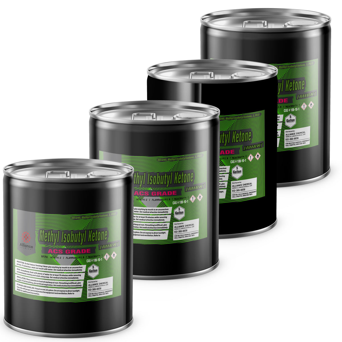 Four 5-gallon steel pails of Alliance Chemical Methyl Isobutyl Ketone ACS Grade with silver lids and labels.