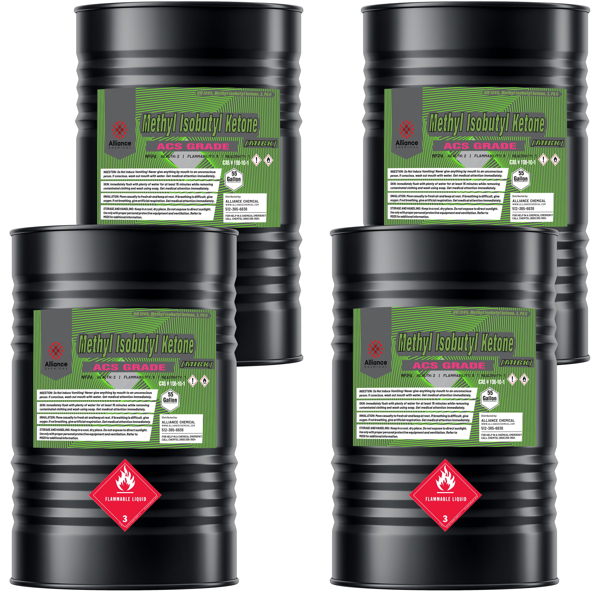 55-gallon drums of ACS-grade Methyl Isobutyl Ketone (MIBK), black steel containers with green labels, Class 3 Flammable Liquid warning diamonds.
