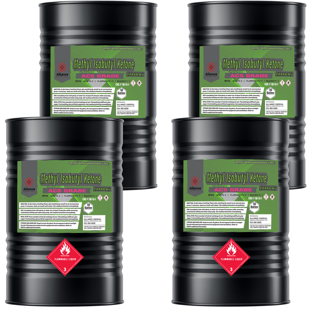 Four 55-gallon steel drums of Alliance Chemical Methyl Isobutyl Ketone ACS Grade with green labels.