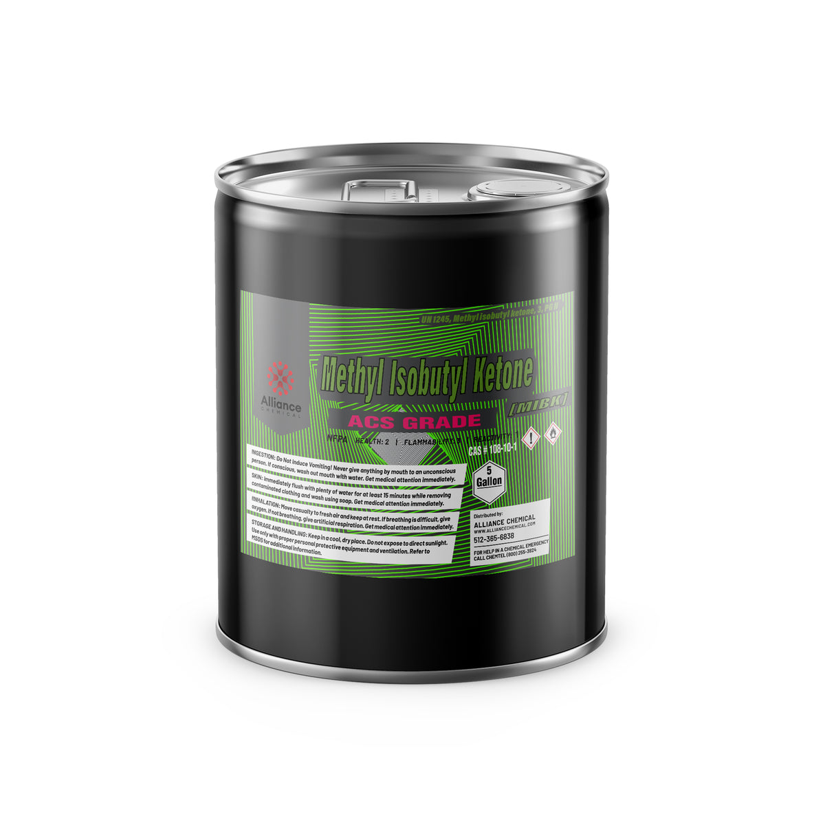 5-gallon metal drum of Alliance Chemical ACS grade Methyl Isobutyl Ketone (MIBK) with flammability warning symbols, green