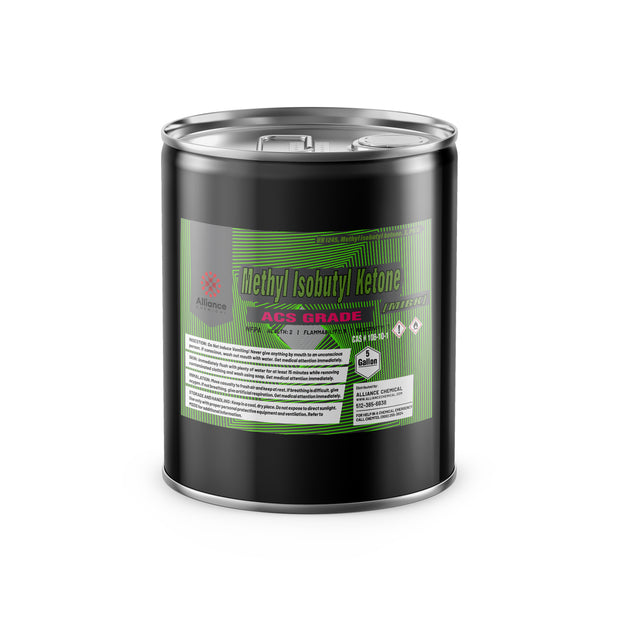 5-gallon metal drum of Alliance Chemical ACS grade Methyl Isobutyl Ketone (MIBK) with flammability warning symbols, green