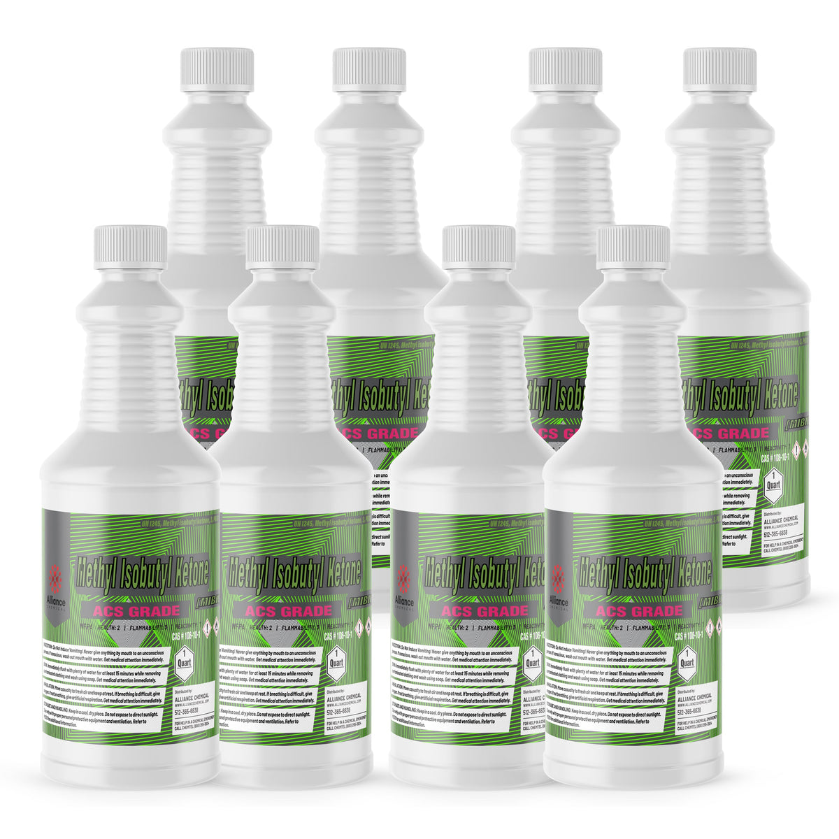 Eight 1-quart plastic bottles of Alliance Chemical Methyl Isobutyl Ketone ACS Grade with white screw caps and labels.