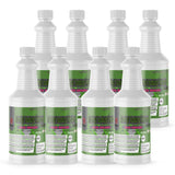Eight 1-quart plastic bottles of Alliance Chemical Methyl Isobutyl Ketone ACS Grade with white screw caps and labels.