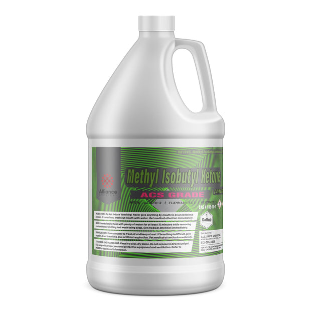 Alliance Chemical One-gallon HDPE jug of ACS-grade Methyl Isobutyl Ketone (MIBK) flammability warning symbol, and safety