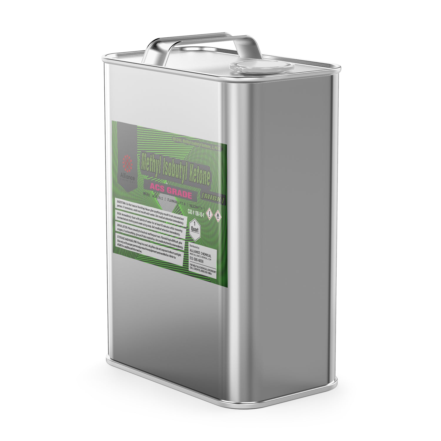 Quart-size metal canister of Methyl Isobutyl Ketone (MIBK) ACS grade solvent with green product label, dual hazard symbols, and secured handle.