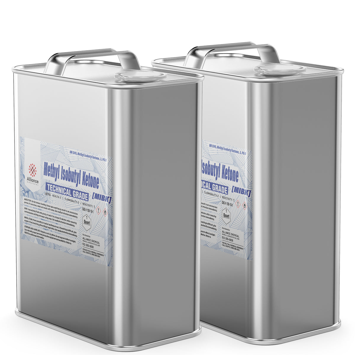 Two 5-gallon steel pails of Alliance Chemical Methyl Isobutyl Ketone Technical Grade with metal handles and labeled sides.