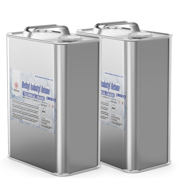Two 5-gallon steel pails of Alliance Chemical Methyl Isobutyl Ketone Technical Grade with metal handles and labeled sides.