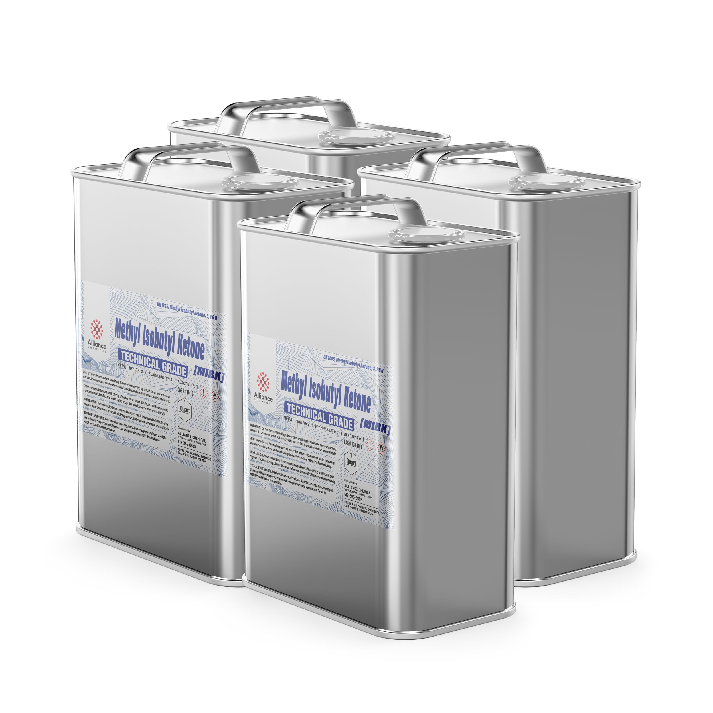 4x1-quart canisters of technical-grade Methyl Isobutyl Ketone (MIBK) in silver metal containers with safety labels and secure grip handles.