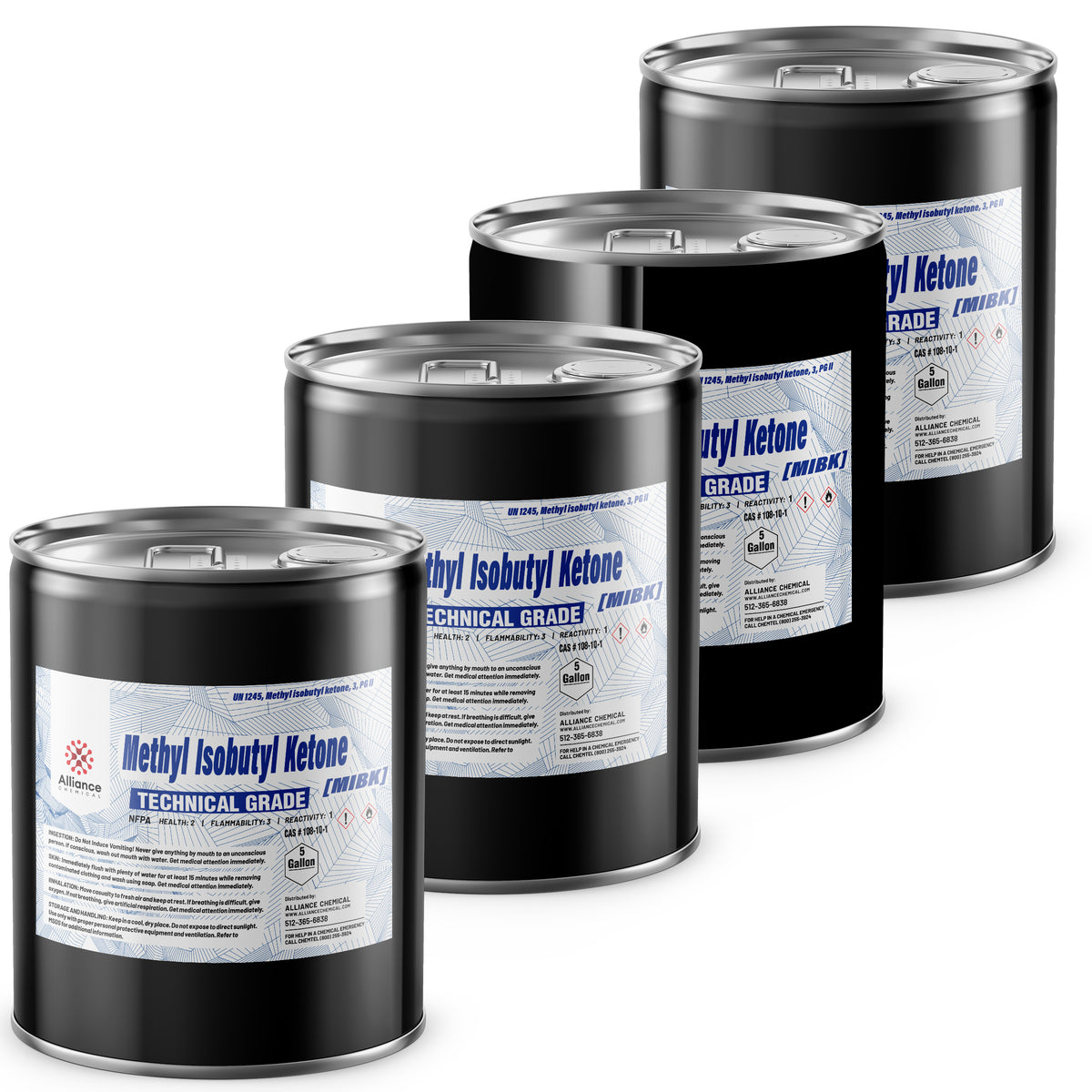 Four 5-gallon steel pails of Alliance Chemical Methyl Isobutyl Ketone Technical Grade with silver lids and labels.