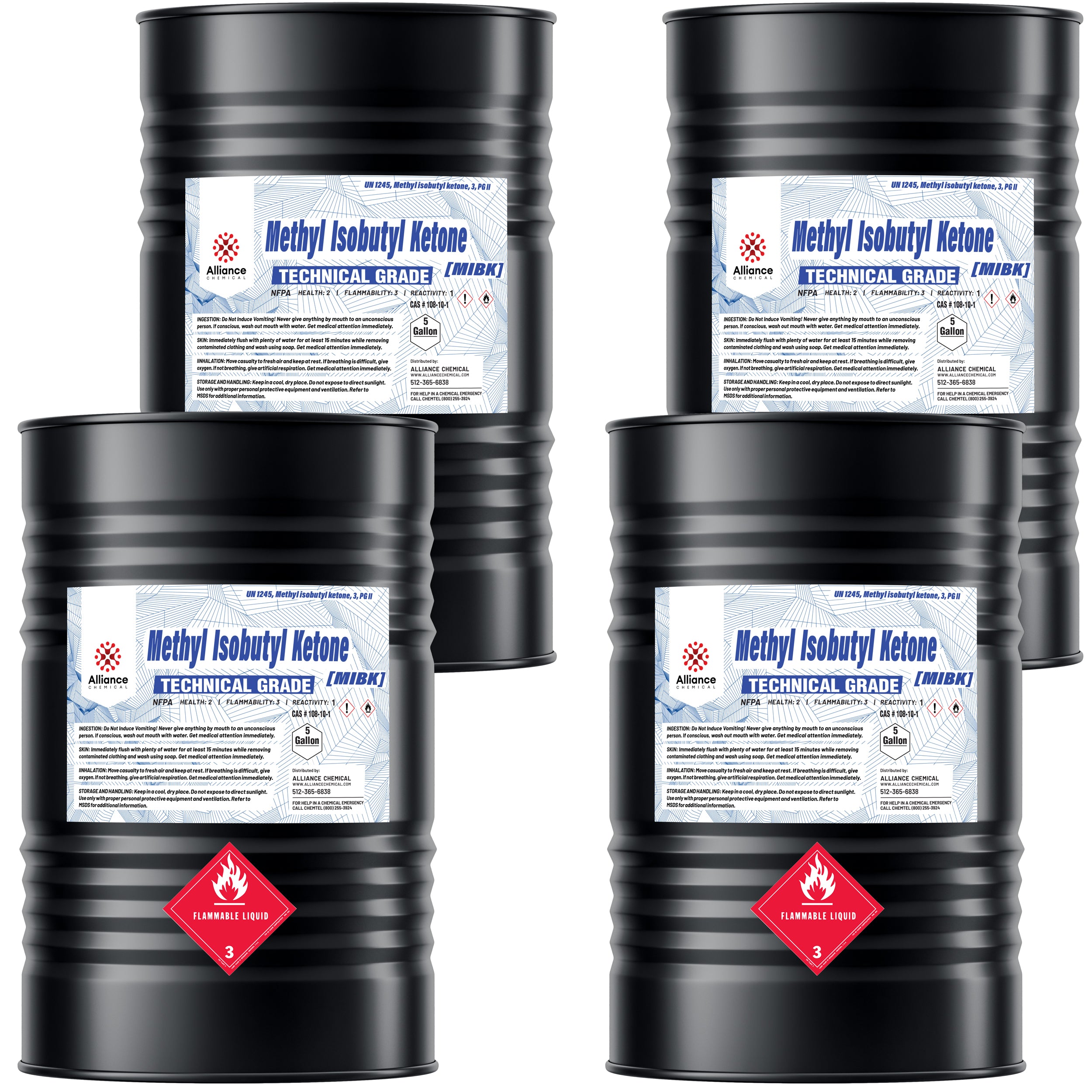 55-gallon drums of Technical Grade Methyl Isobutyl Ketone (MIBK), Alliance Chemical, with Class 3 Flammable Liquid warning labels and safety data sheets.