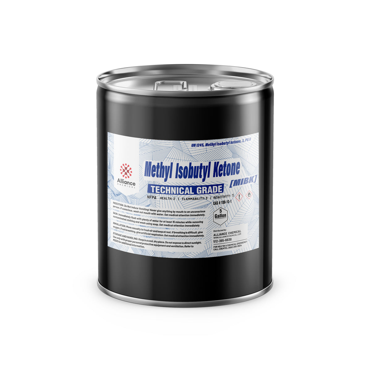 5-gallon black steel drum of Methyl Isobutyl Ketone (MIBK) Technical Grade with NFPA diamond, Alliance Chemical label