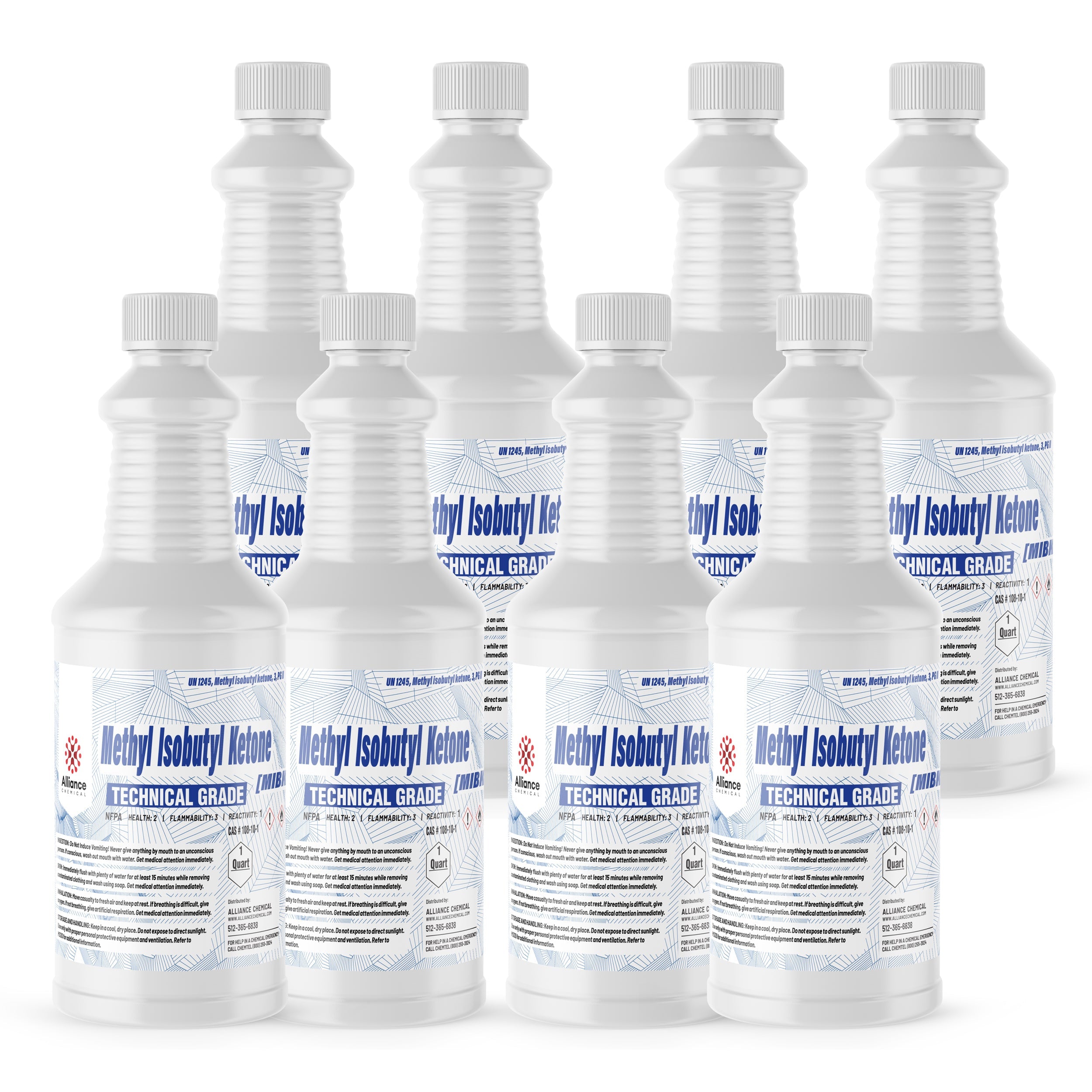 1-quart plastic bottles of technical-grade Methyl Isobutyl Ketone (MIBK) with NFPA safety labels, flammability warnings and Alliance Chemical branding.