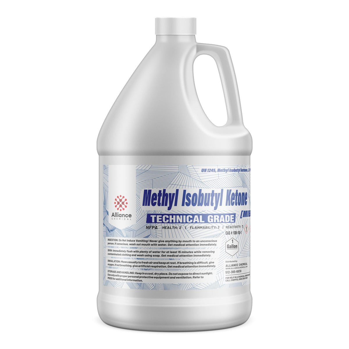 One-gallon MIBK Technical Grade solvent in HDPE jug, Alliance Chemical brand blue-accent label design