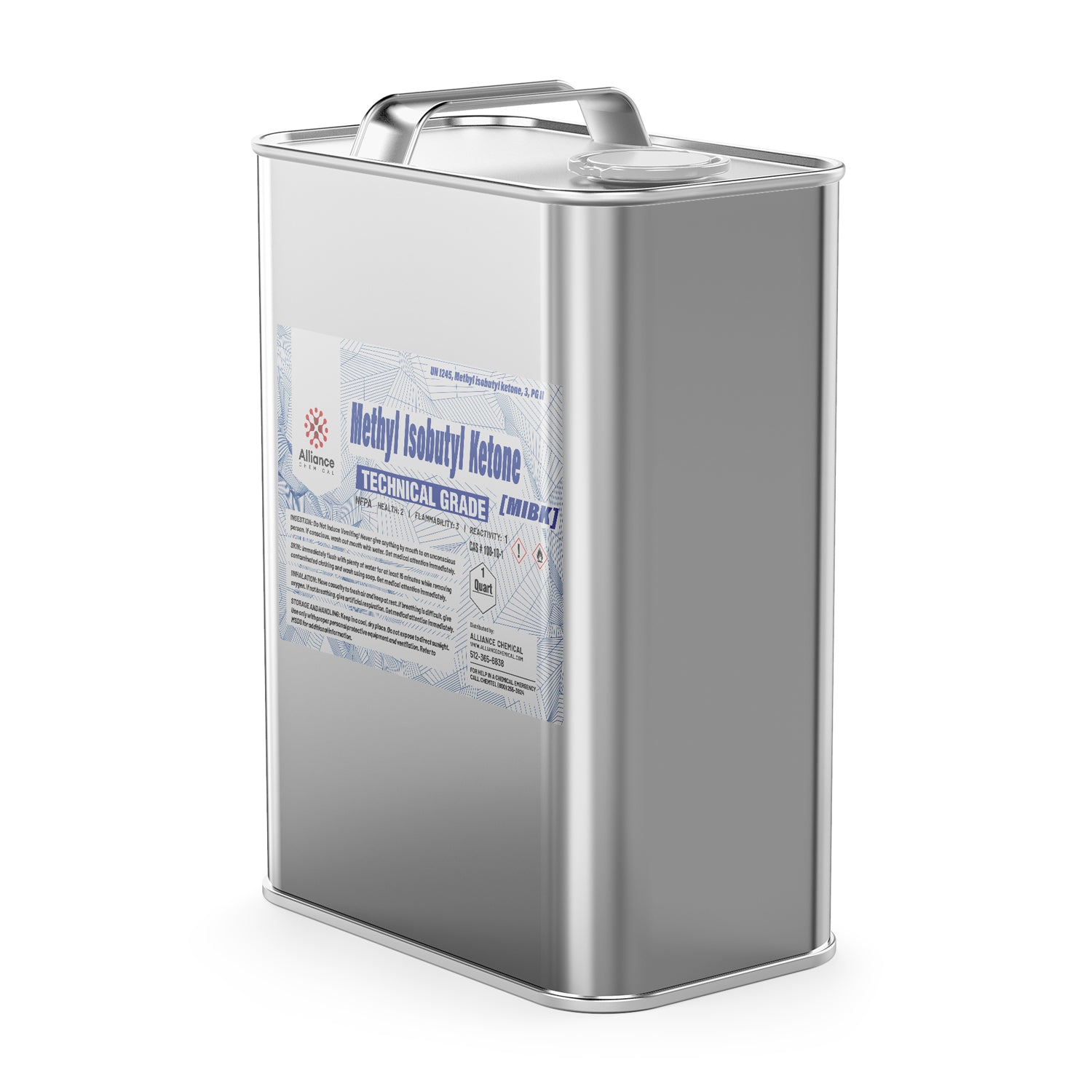 1-quart metal canister of technical-grade Methyl Isobutyl Ketone (MIBK) with Alliance Chemical label, hazard symbols, and industrial safety markings.