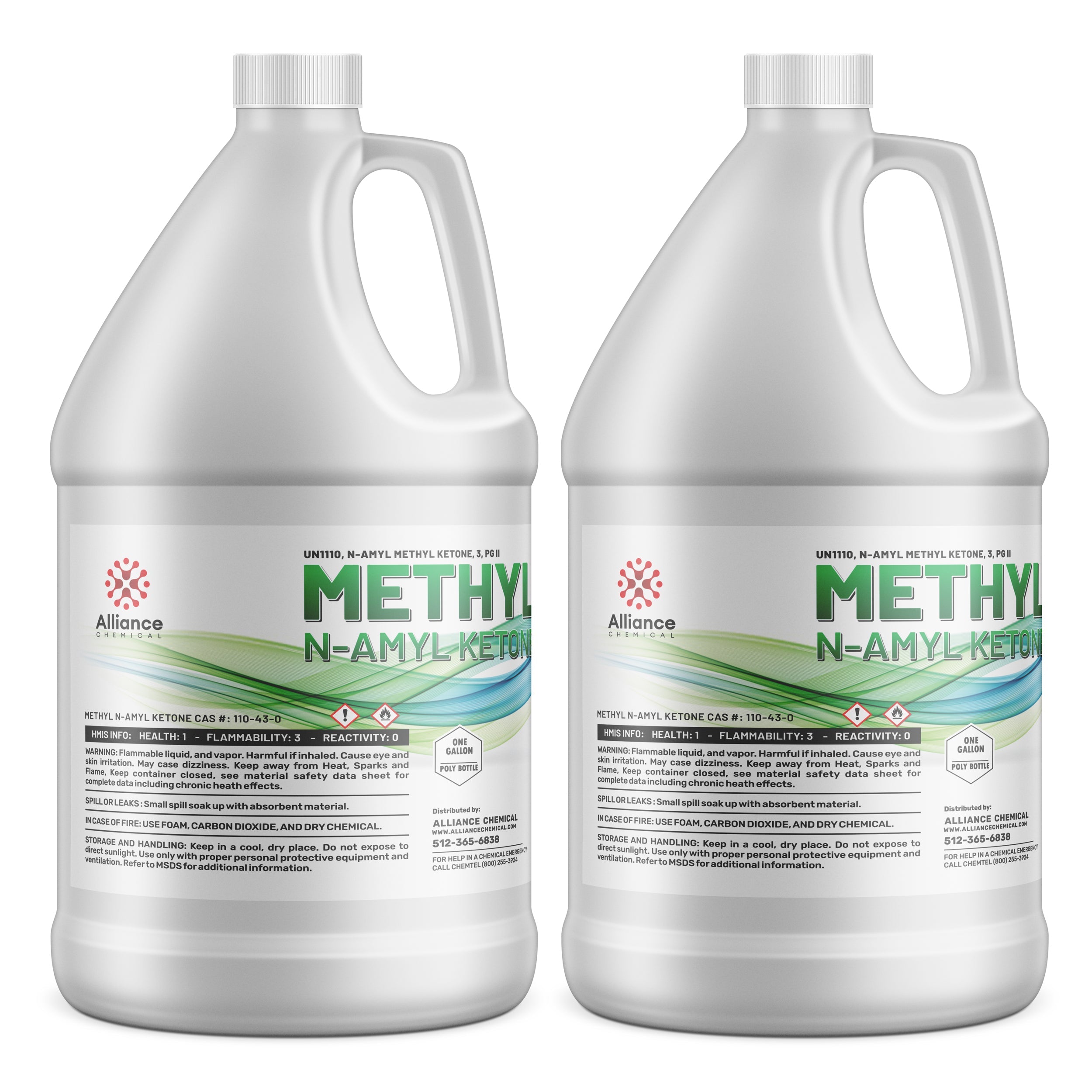 2-gallon HDPE jugs of Methyl N-Amyl Ketone (MNAK) by Alliance Chemical with flammability/health warnings and HMIS safety labeling.