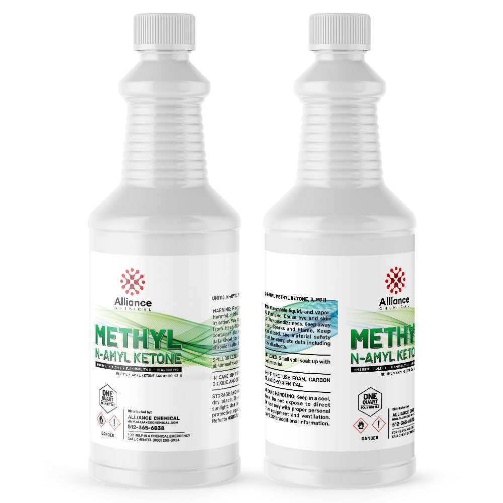 2-quart Alliance Chemical Methyl N-Amyl Ketone (MNAK) in white HDPE bottles with flammable/danger warning symbols and ribbed safety caps.