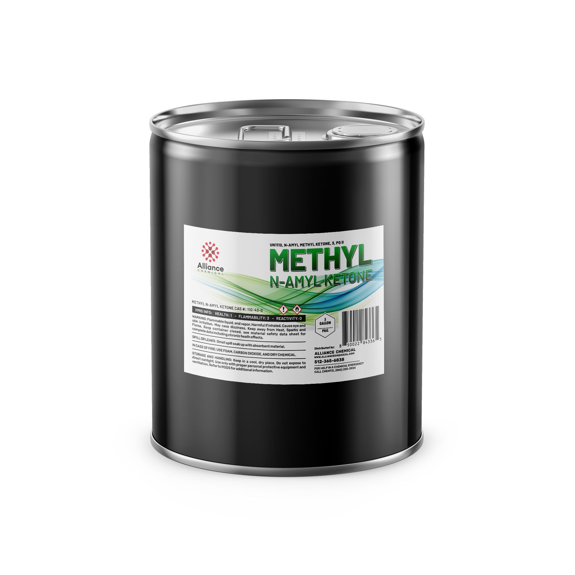 5-gallon black steel drum of Methyl N-Amyl Ketone (MNAK) from Alliance Chemical, featuring flammability warning symbols and industrial safety labeling.