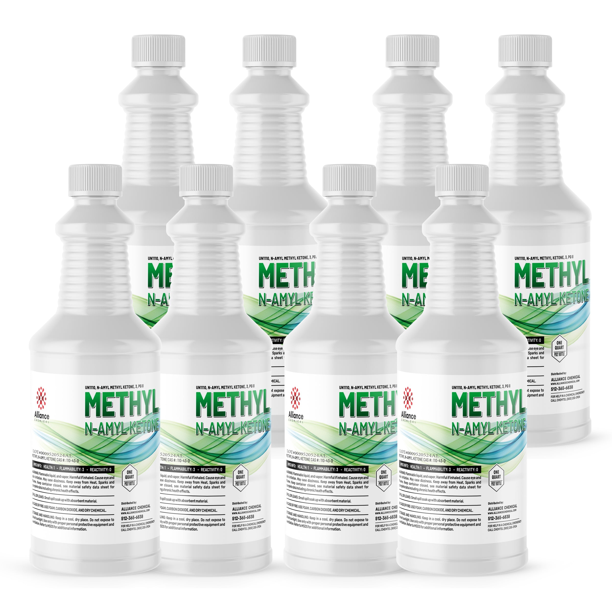 8x1 quart bottles of Methyl N-Amyl Ketone (MNAK) in white HDPE containers with green-blue gradient labels and safety hazard indicators by Alliance Chemical.