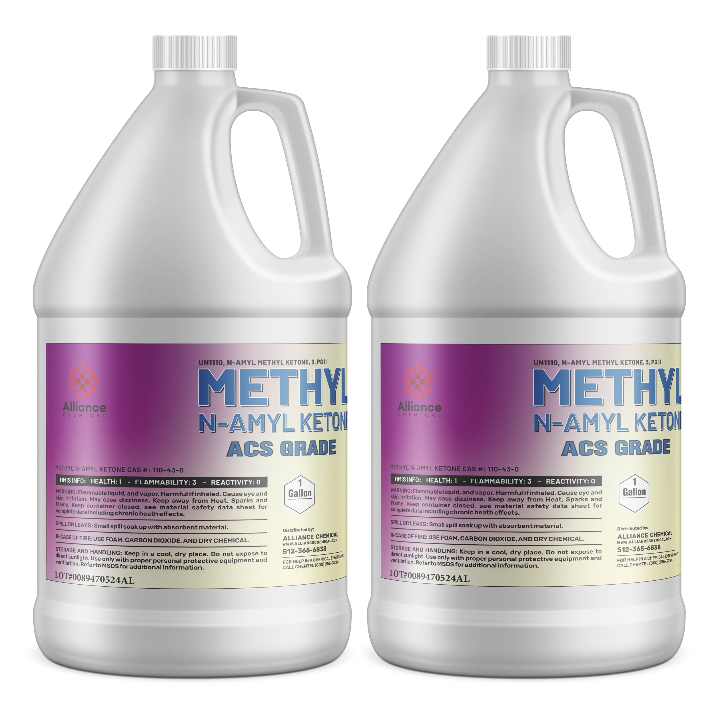 1-gallon jugs of ACS grade Methyl N-Amyl Ketone (MNAK) in white HDPE containers, HMIS safety labels 1-3-0, Alliance Chemical branded.