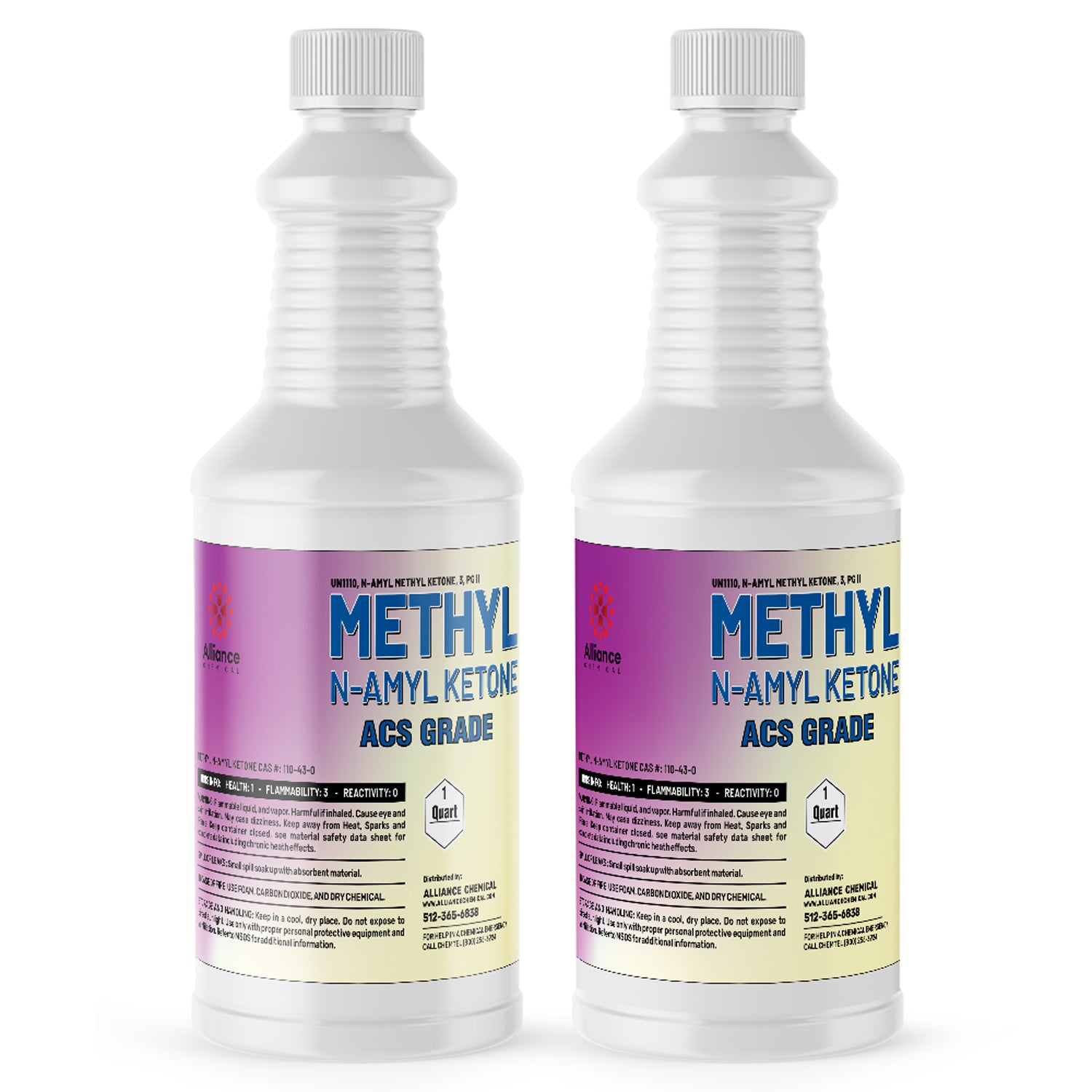 1-quart bottles of Methyl N-Amyl Ketone (MNAK) ACS Grade, white HDPE containers with purple labels, flammability warning symbol, distributed by Alliance Chemical.