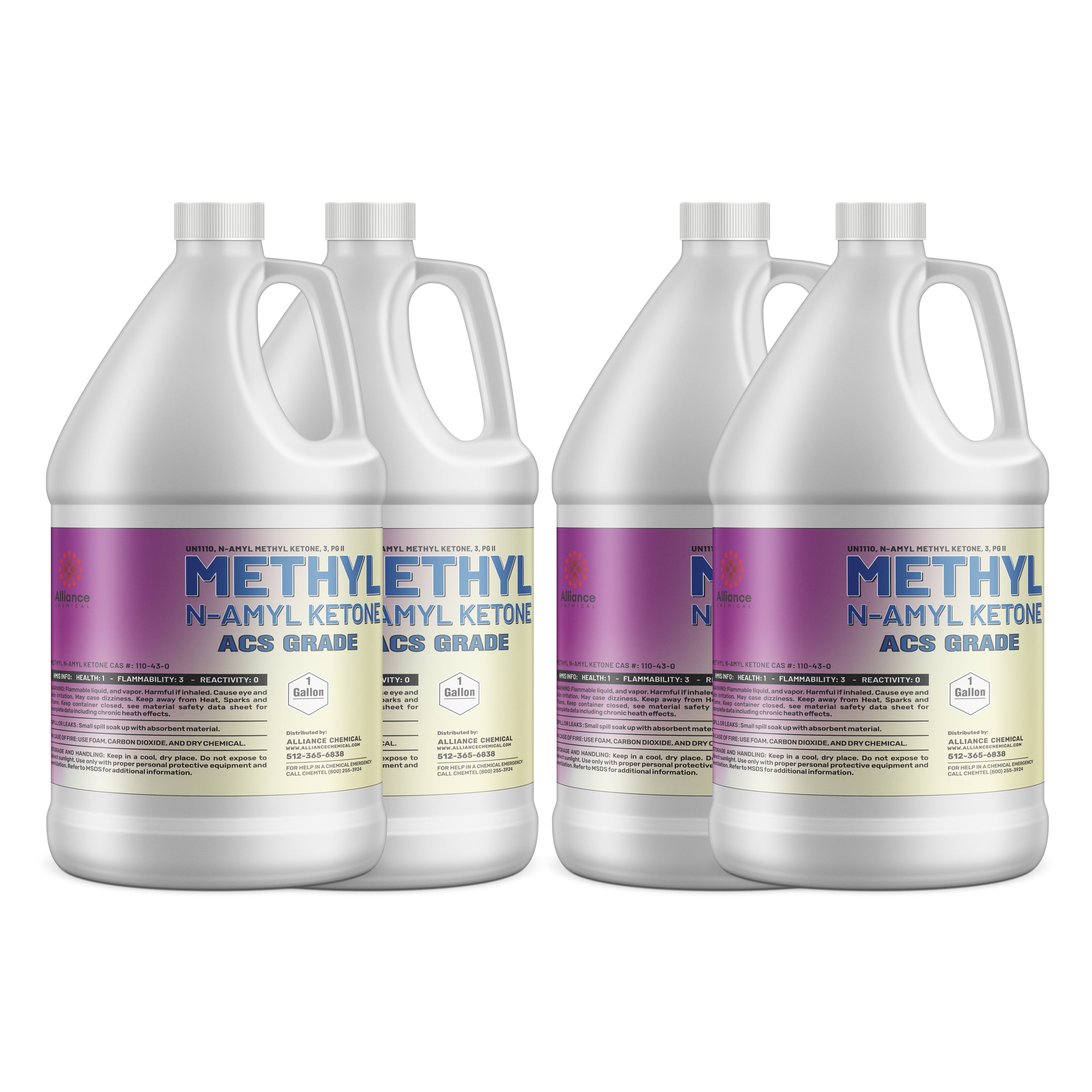 4x1-gallon Methyl N-Amyl Ketone (MNAK) ACS grade in white HDPE containers with purple labels, Health-1 flammability rating, Alliance Chemical.