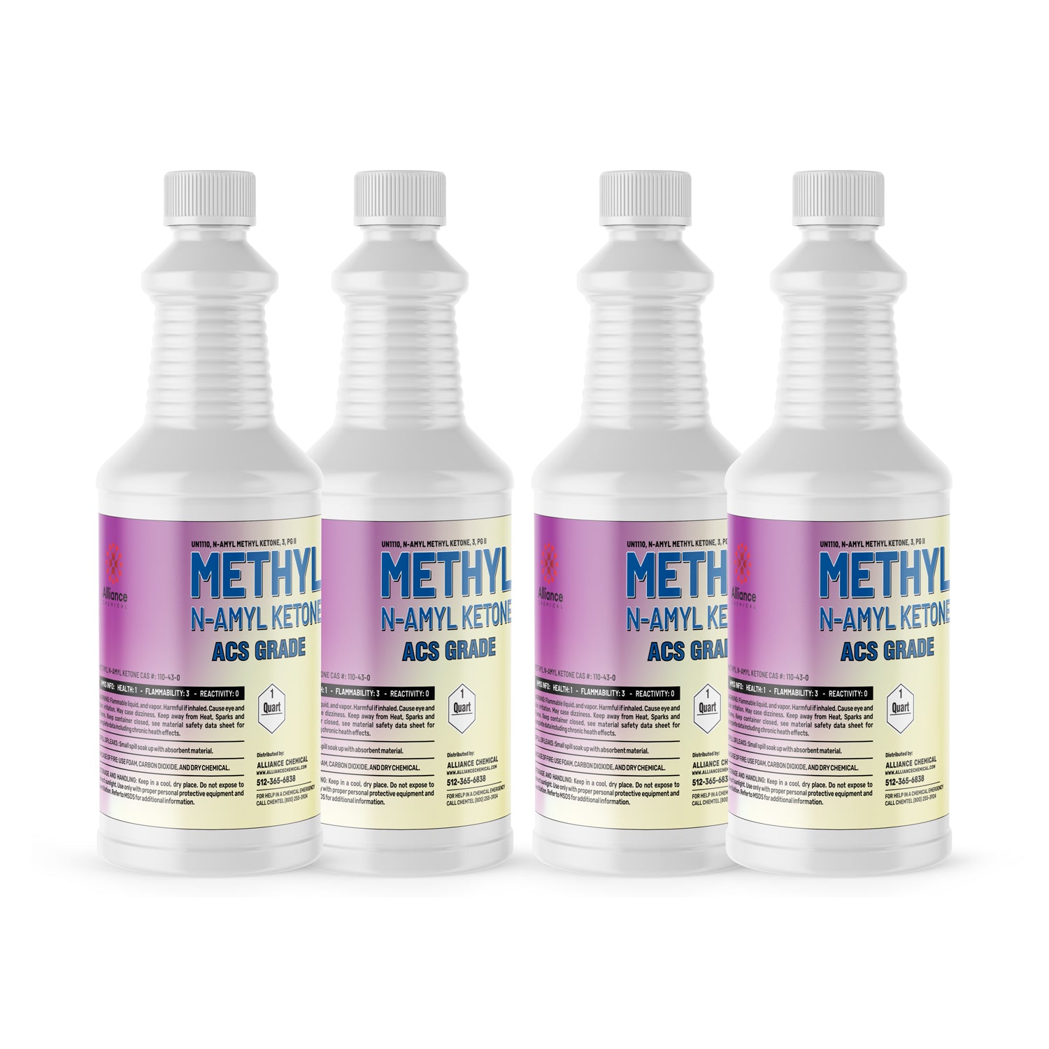 4x1 quart Methyl N-Amyl Ketone (MNAK) ACS grade in white HDPE bottles with ribbed design, hazard diamond symbol, purple-gradient labels, secure caps.