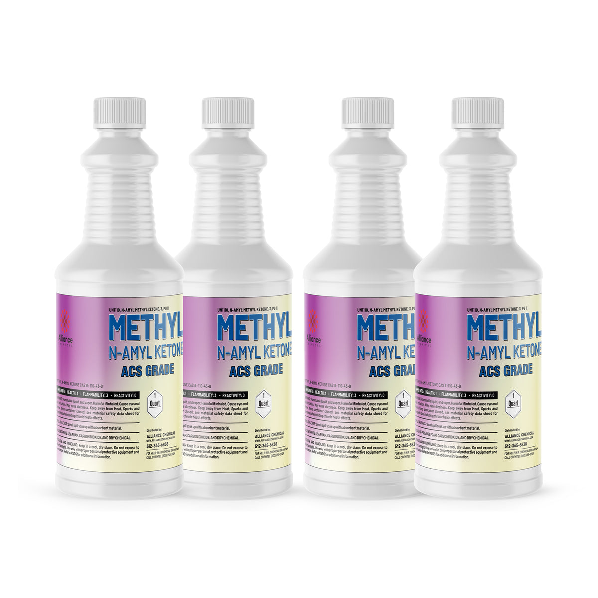 Four 1-quart plastic bottles of Alliance Chemical Methyl n-Amyl Ketone ACS Grade with white caps and product labels.
