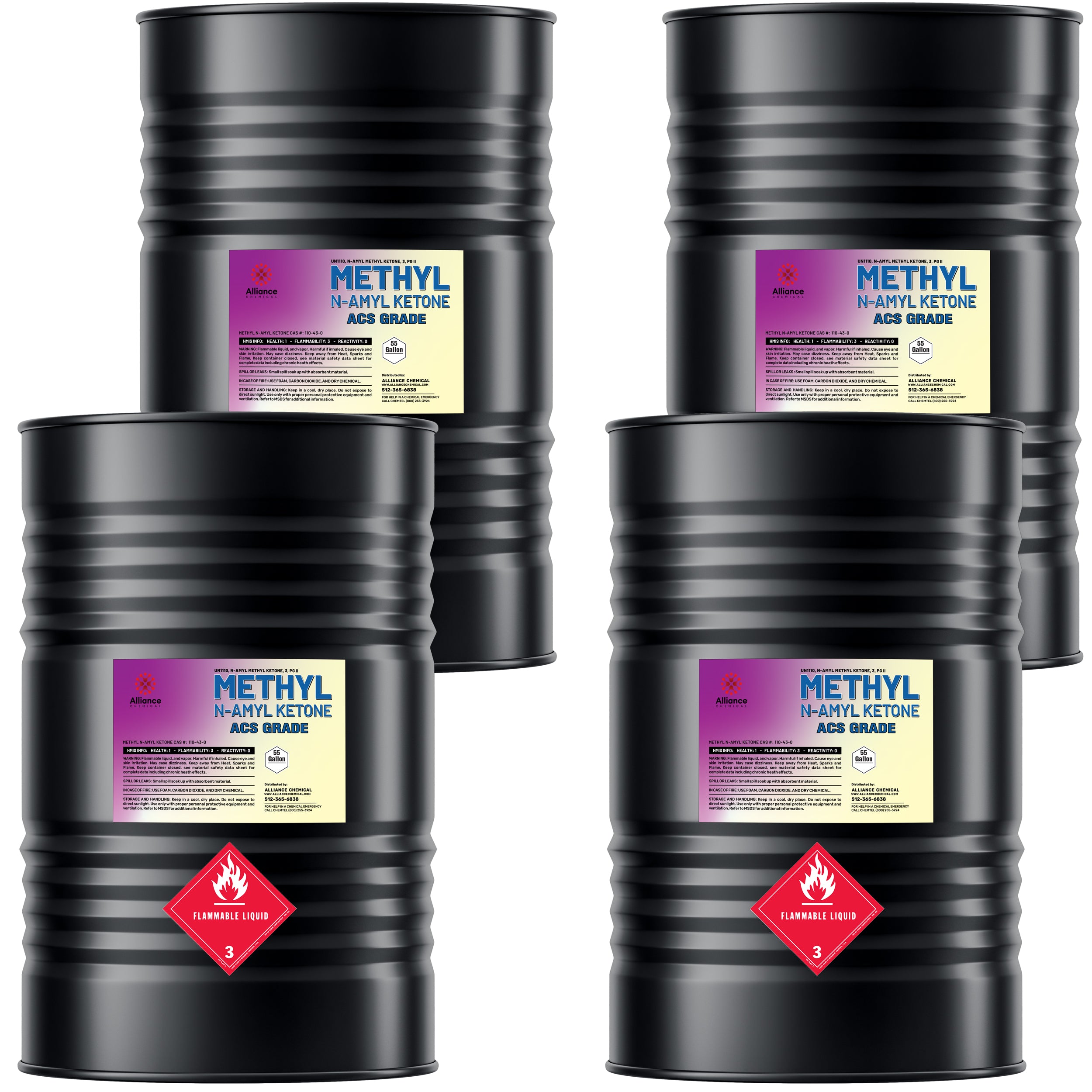 4x55-gallon drums of ACS grade Methyl N-Amyl Ketone (MNAK) in black steel containers with Alliance Chemical labels and Class 3 Flammable Liquid warning diamonds.
