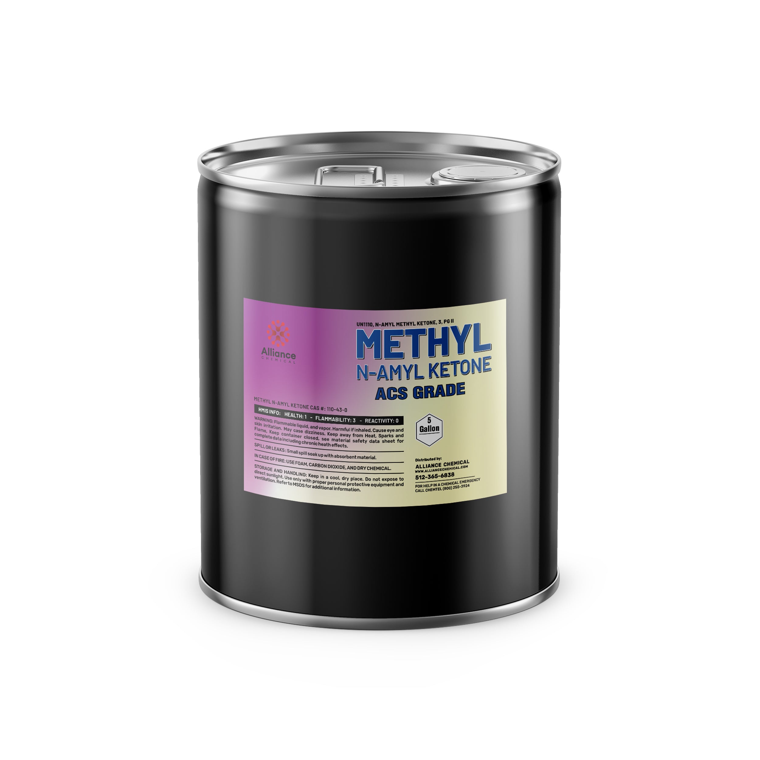 5-gallon steel drum of Methyl N-Amyl Ketone (MNAK) ACS Grade by Alliance Chemical, with health/flammability/reactivity hazard labels on black container.