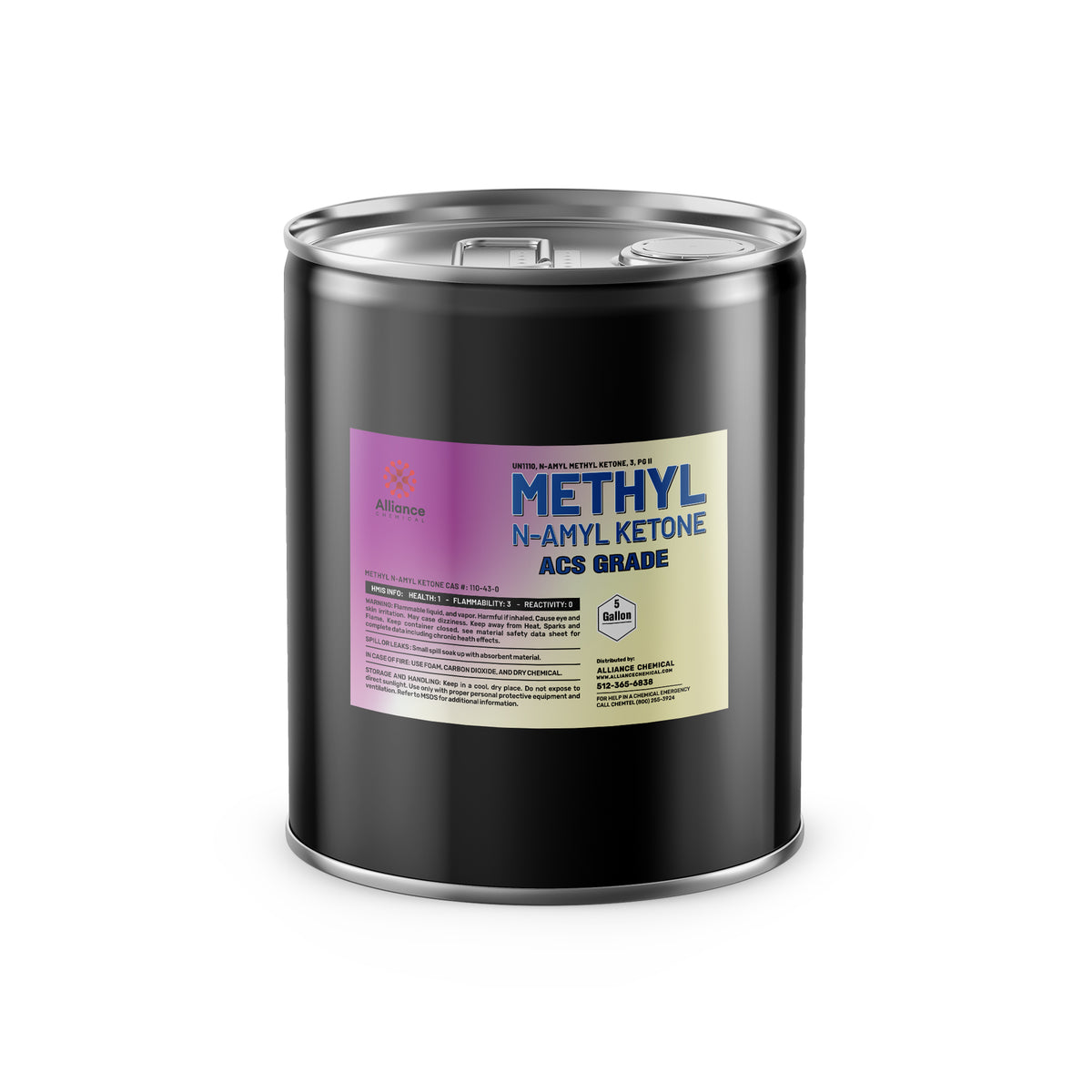 5-gallon steel drum of Alliance Chemical Methyl N-Amyl Ketone (MNAK) ACS Grade, with health/flammability/reactivity hazard