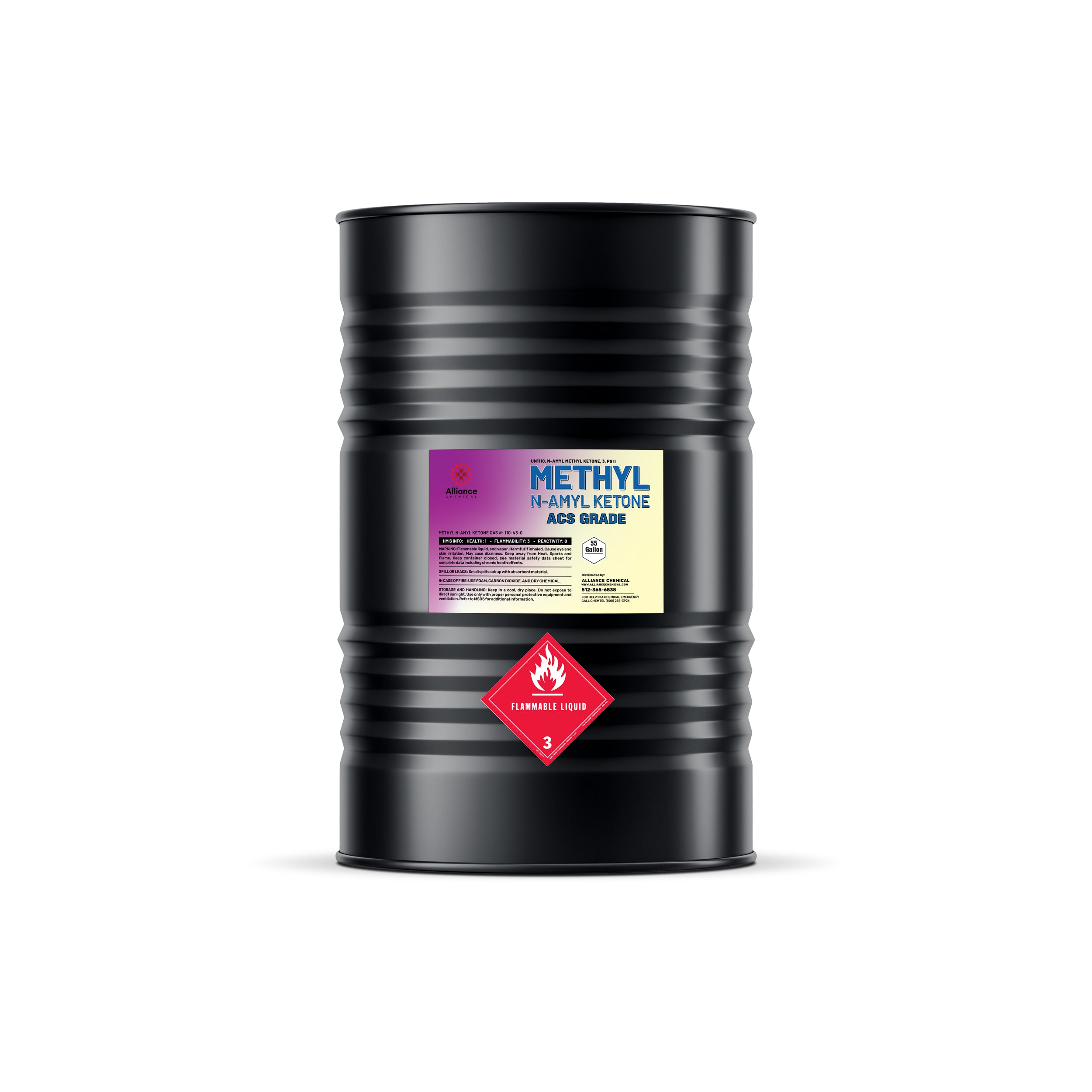 55-gallon black steel drum of Methyl N-Amyl Ketone (MNAK) ACS grade with flammable liquid Class 3 warning label, Alliance Chemical branded.