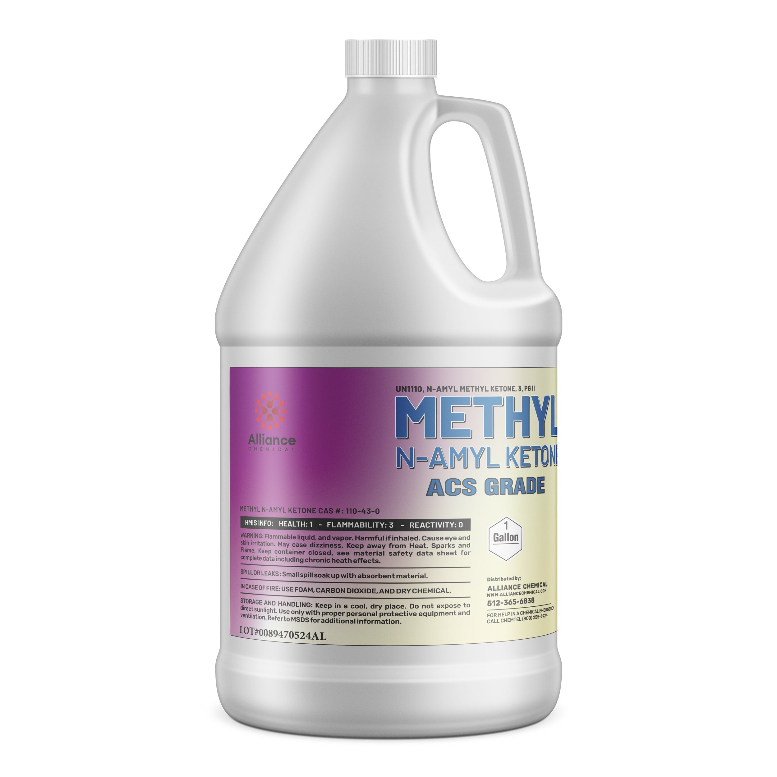 1-gallon HDPE container of Methyl N-Amyl Ketone (MNAK) ACS grade with HMIS safety ratings 1-3-0, purple-labeled Alliance Chemical product.