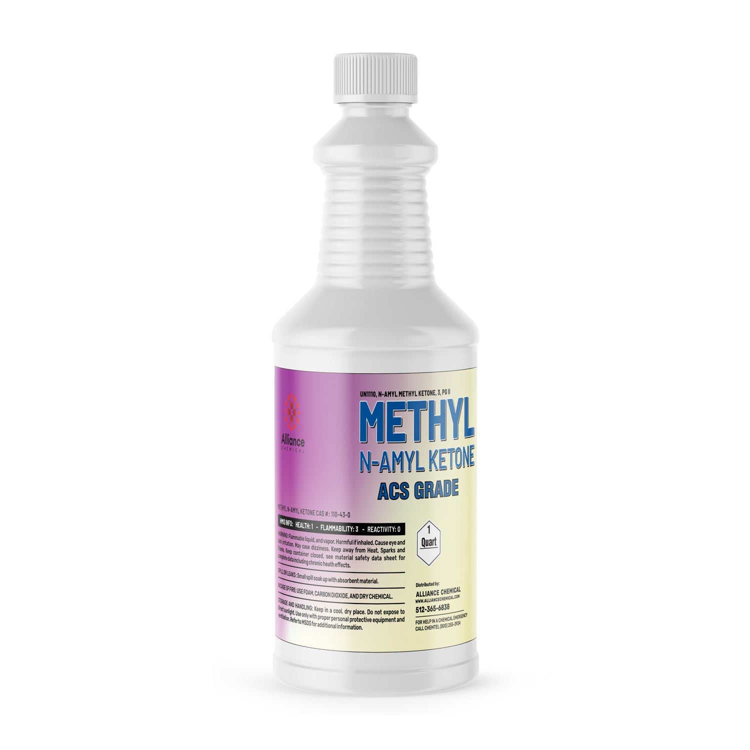 1-quart white HDPE bottle of Methyl N-Amyl Ketone (MNAK) ACS Grade chemical with purple gradient label, health-1 hazard diamond, tamper-sealed cap.