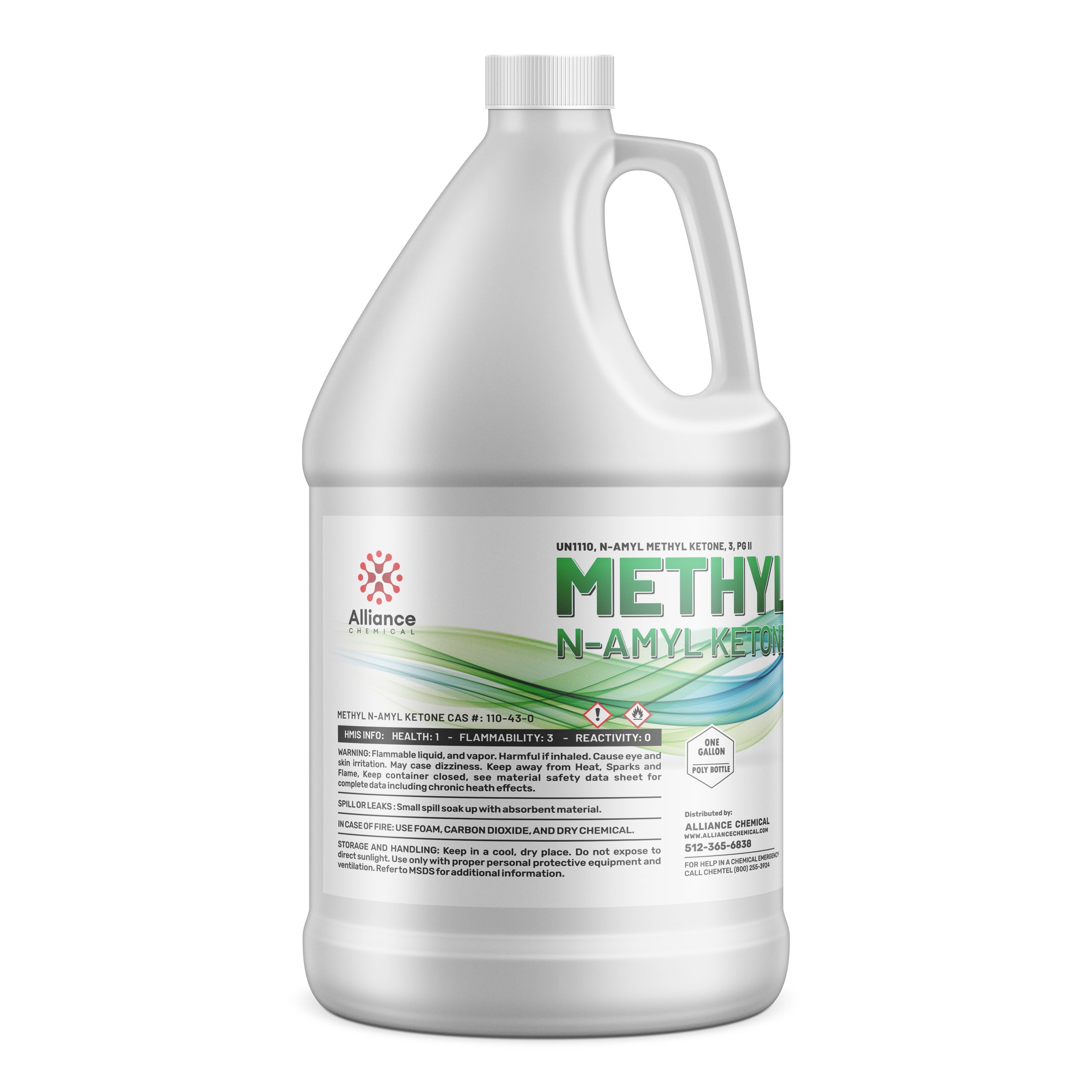 One-gallon industrial methyl n-amyl ketone (MNAK) in white HDPE container with flammability warning, Alliance Chemical branding, CAS #110-43-0.