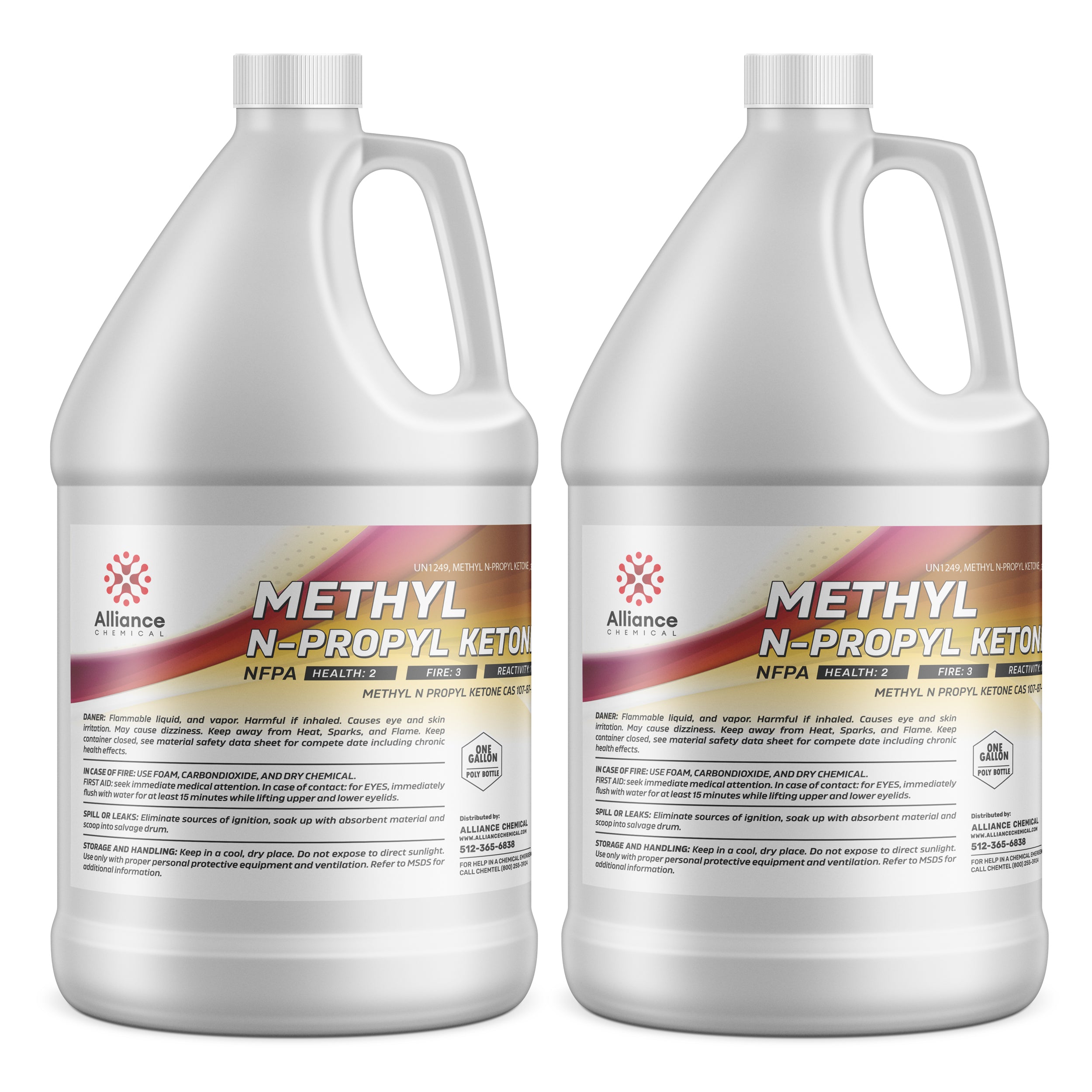 2-gallon Alliance Chemical MPK (Methyl N-Propyl Ketone) in white HDPE jugs with NFPA hazard labels, flammable liquid warnings, and safety handling instructions.
