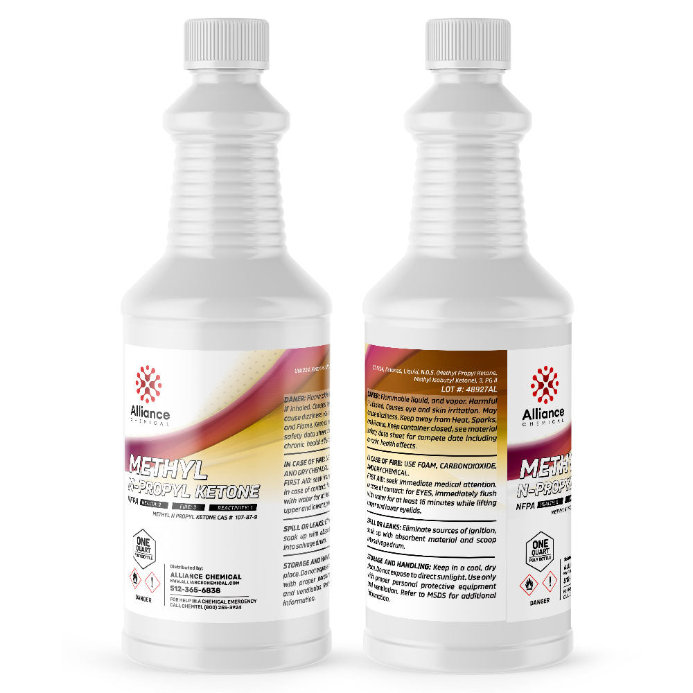 2-quart HDPE bottles of Methyl N-Propyl Ketone (MPK) by Alliance Chemical, featuring hazard warnings, industrial safety symbols, and ribbed container design.