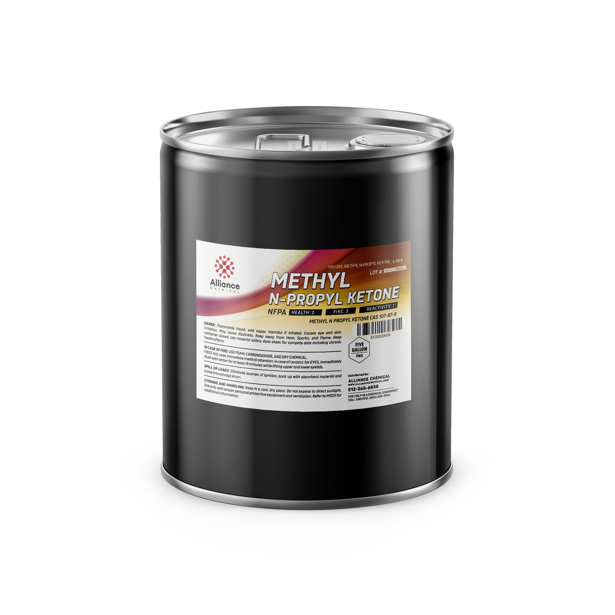 5-gallon black steel drum of Methyl N-Propyl Ketone (MPK) from Alliance Chemical, featuring NFPA diamond label and safety warnings on industrial solvent container.