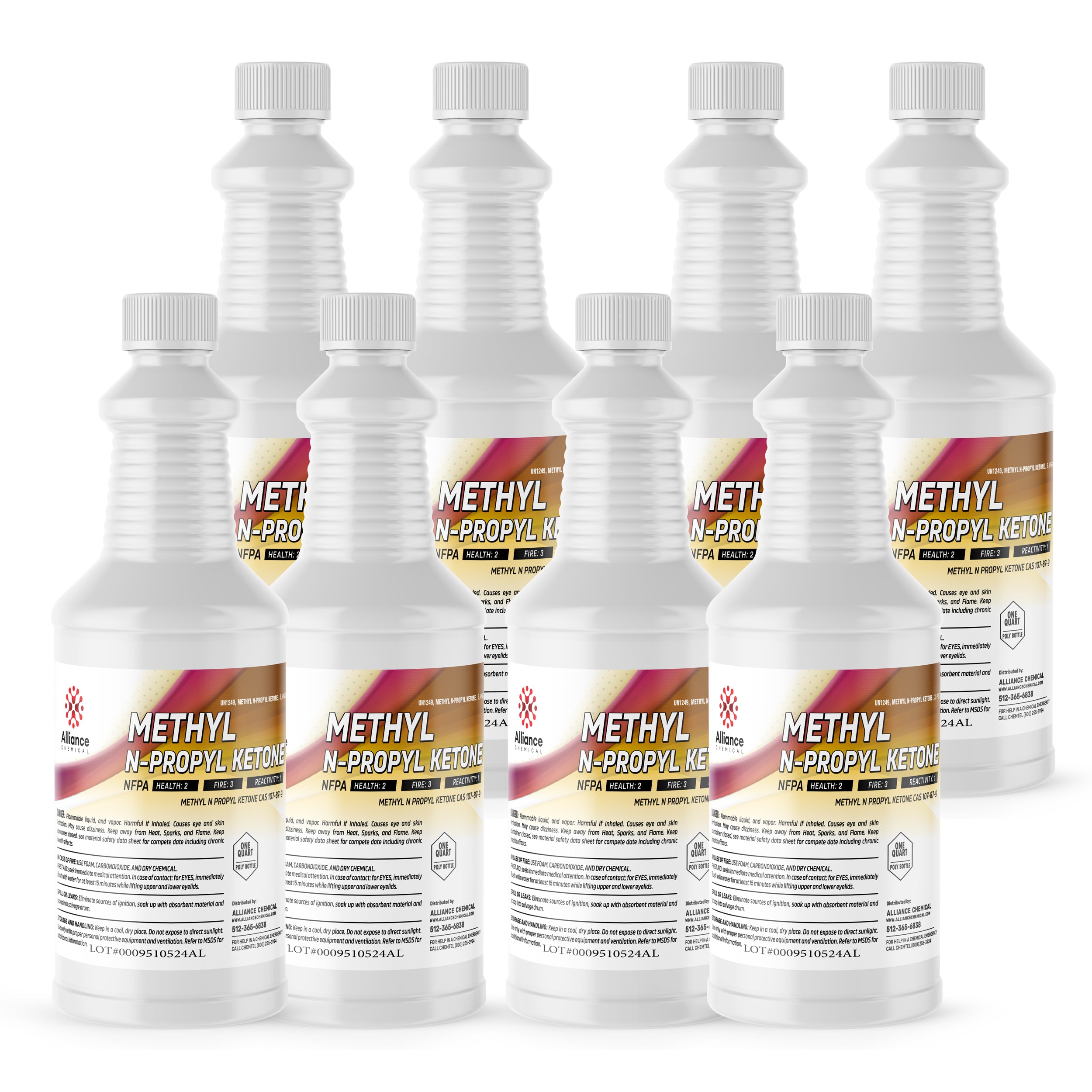 8x1 quart bottles of Methyl N-Propyl Ketone (MPK) in white HDPE containers with NFPA diamond labels, Alliance Chemical branding, and safety-sealed caps.