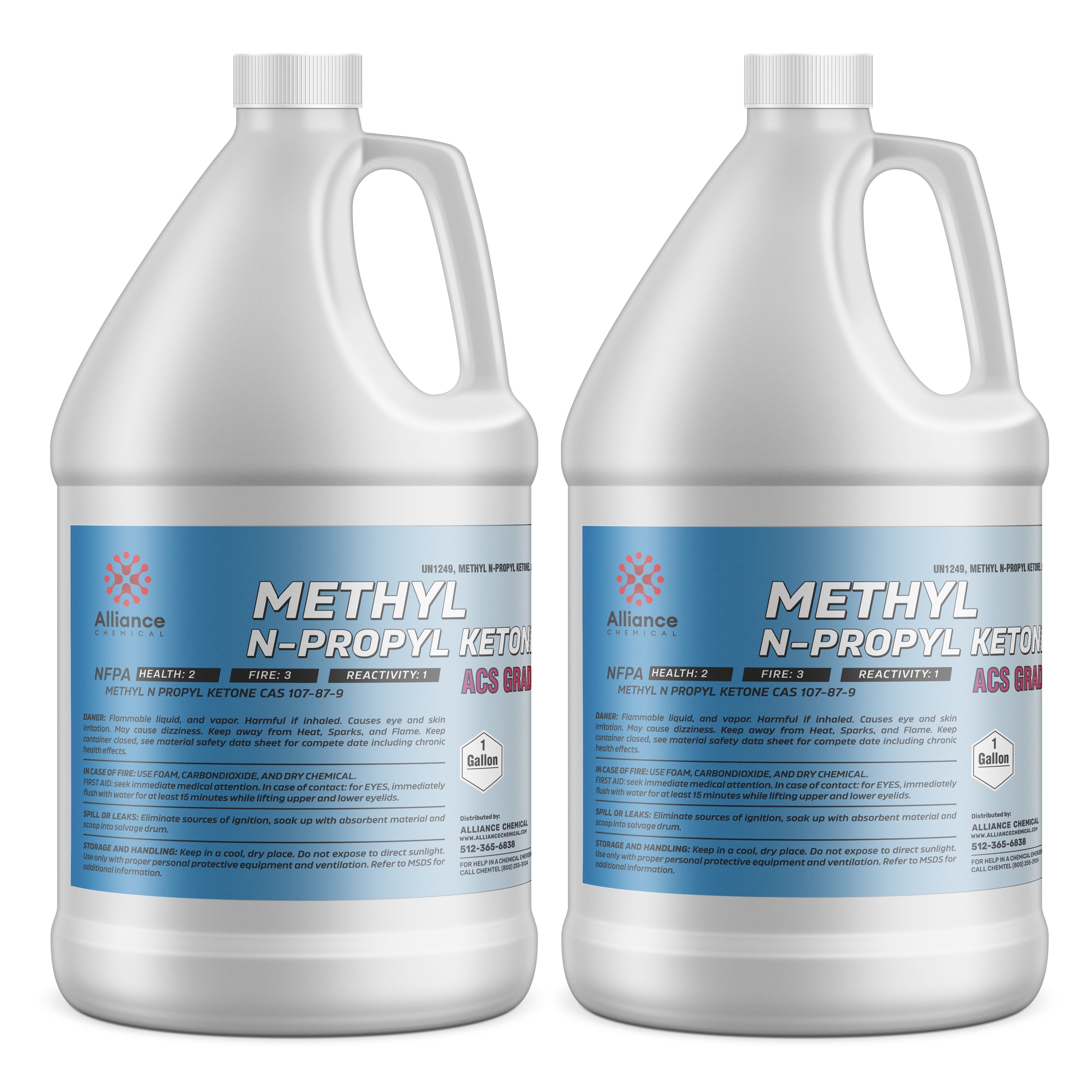 2-gallon jugs of Methyl N-Propyl Ketone (MPK) ACS grade, NFPA rated 2-3-1, in white HDPE containers with blue Alliance Chemical labels.