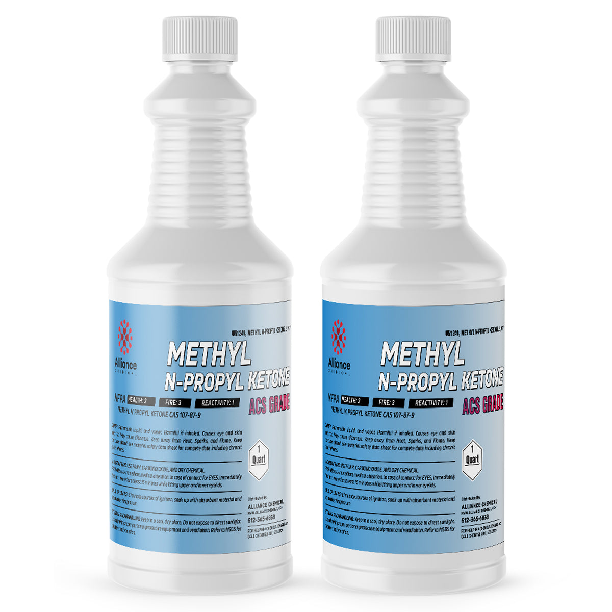 Two 1-quart plastic bottles of Alliance Chemical Methyl n-Propyl Ketone ACS GRADE with white caps and product labels.