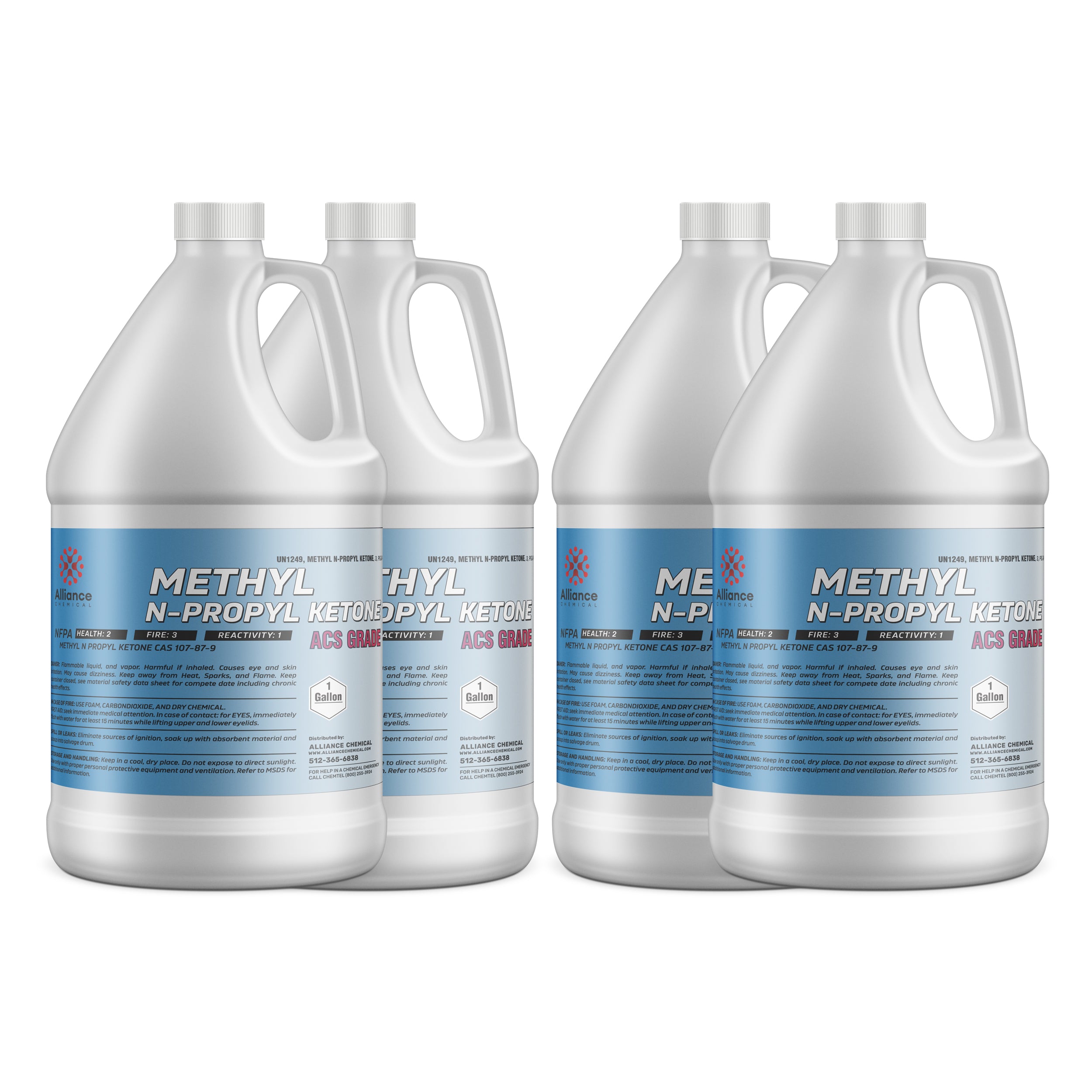 4x1-gallon HDPE jugs of Methyl N-Propyl Ketone (MPK), ACS grade, with blue safety labels, CAS 107-87-9, Alliance Chemical industrial solvent.