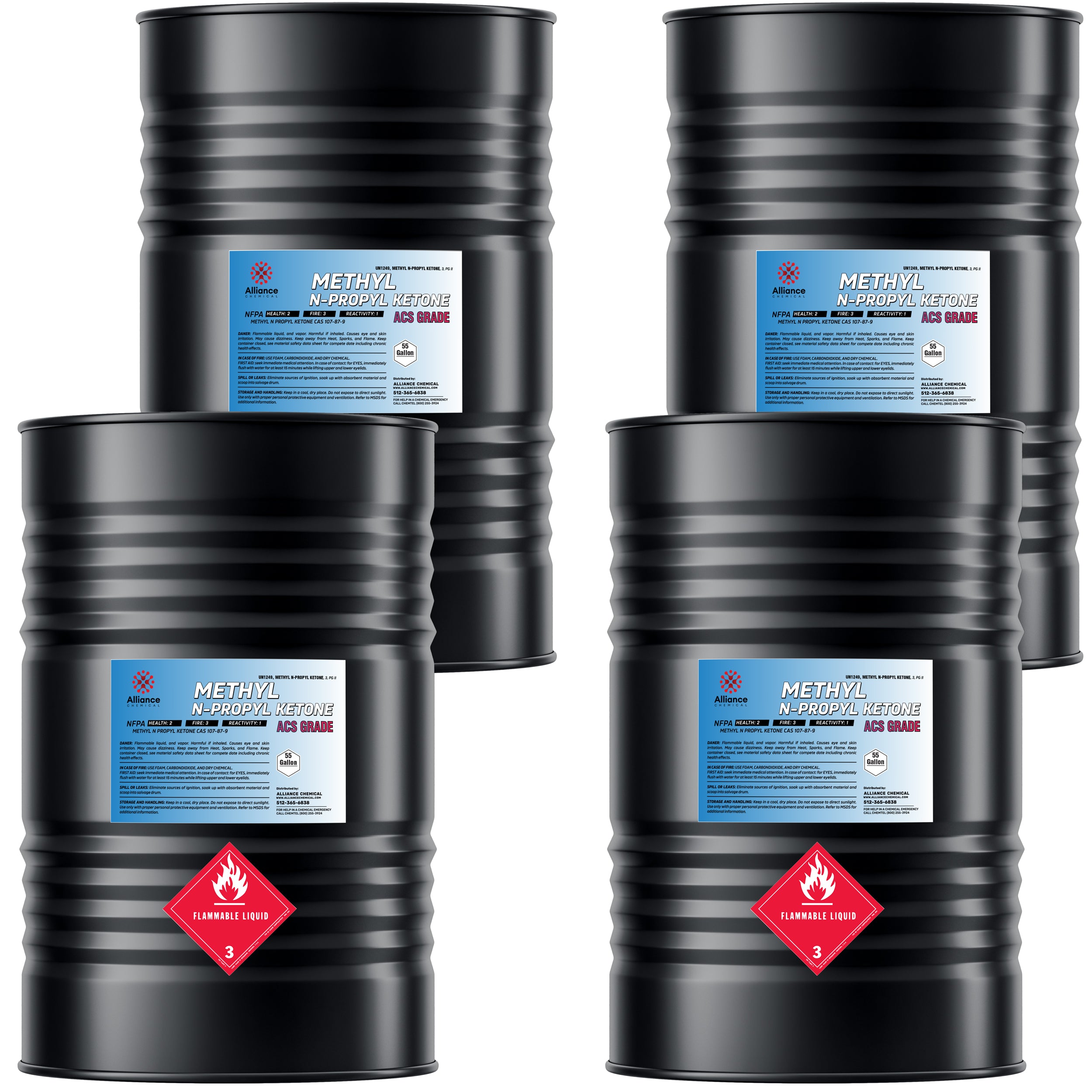 4x55 gallon black steel drums of Methyl N-Propyl Ketone (MPK) ACS Grade, labeled with Alliance Chemical blue labels and Class 3 Flammable Liquid warning diamonds.