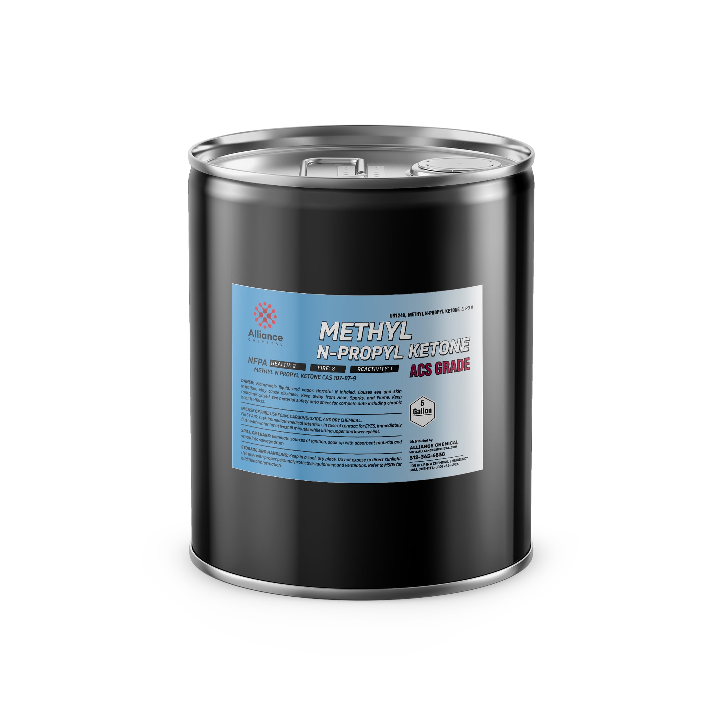 5-gallon black steel drum of Methyl N-Propyl Ketone (MPK) ACS Grade with NFPA hazard label, Alliance Chemical brand, industrial solvent.
