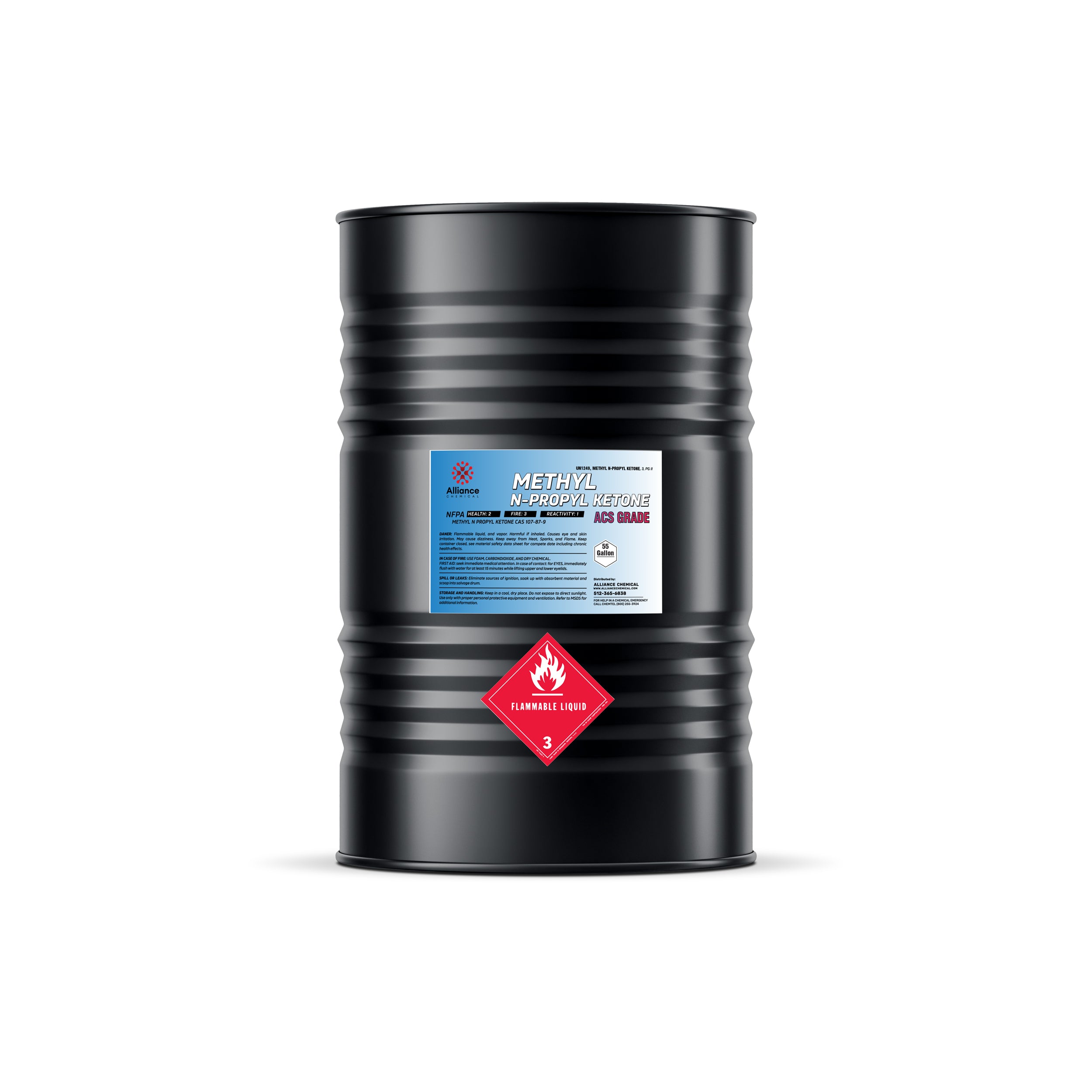 55-gallon black steel drum of ACS-grade Methyl N-Propyl Ketone (MPK) with blue Alliance Chemical label and Class 3 flammable liquid warning diamond.
