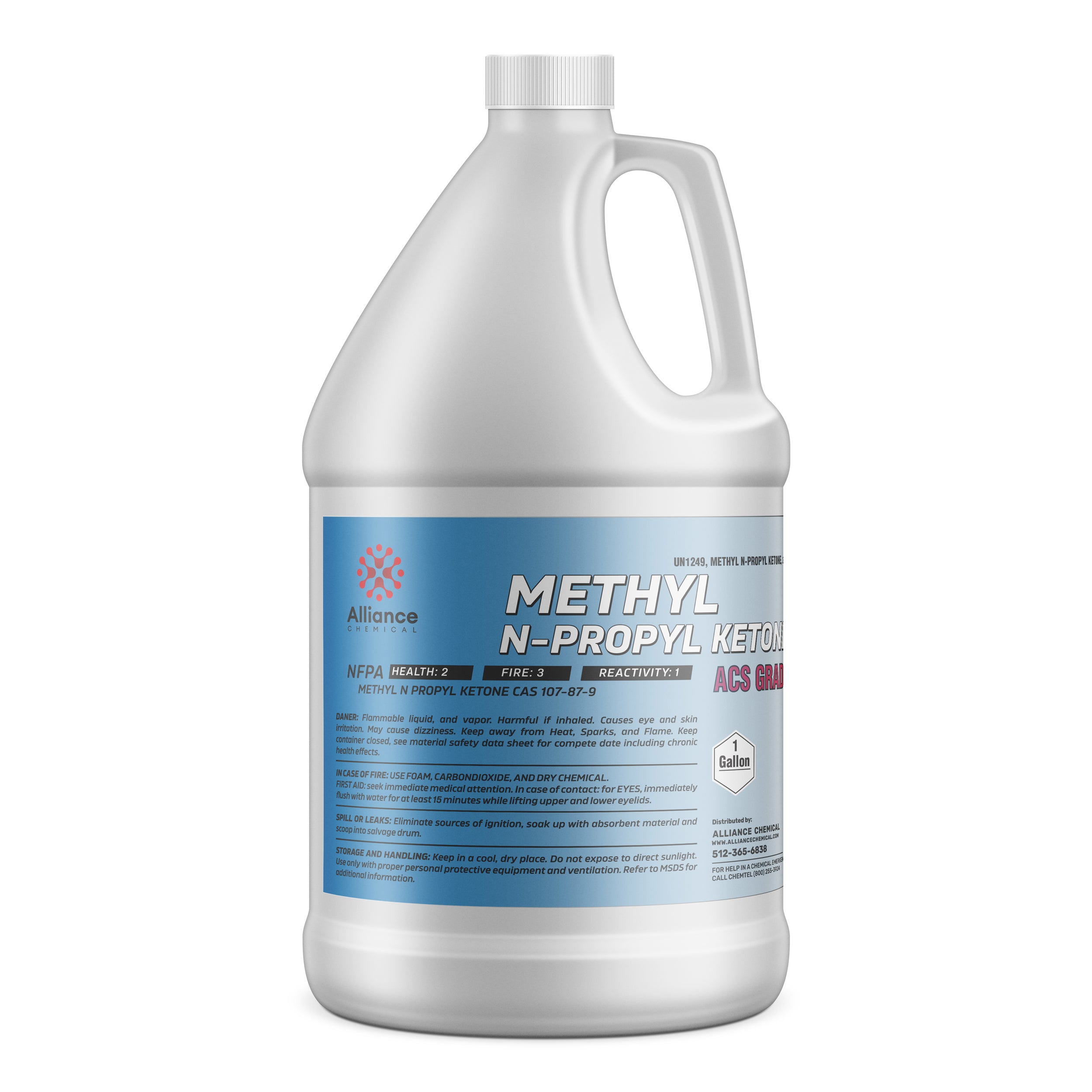 1-gallon HDPE container of Methyl N-Propyl Ketone (MPK), ACS grade, with NFPA diamond rating 2-3-1, Alliance Chemical branded, safety warnings displayed.