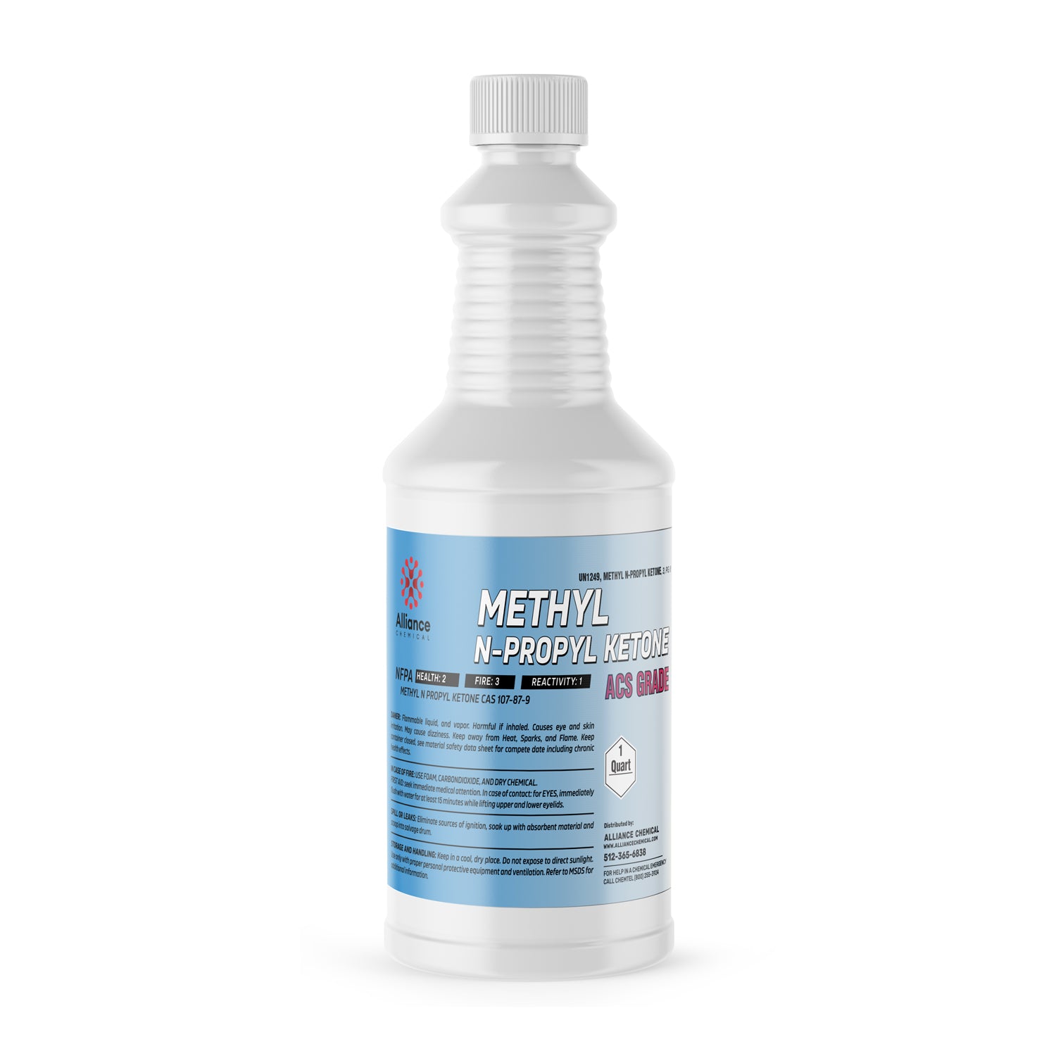 1-quart white HDPE bottle of Methyl N-Propyl Ketone (MPK), ACS grade, with blue label displaying NFPA diamond and flammability warnings.