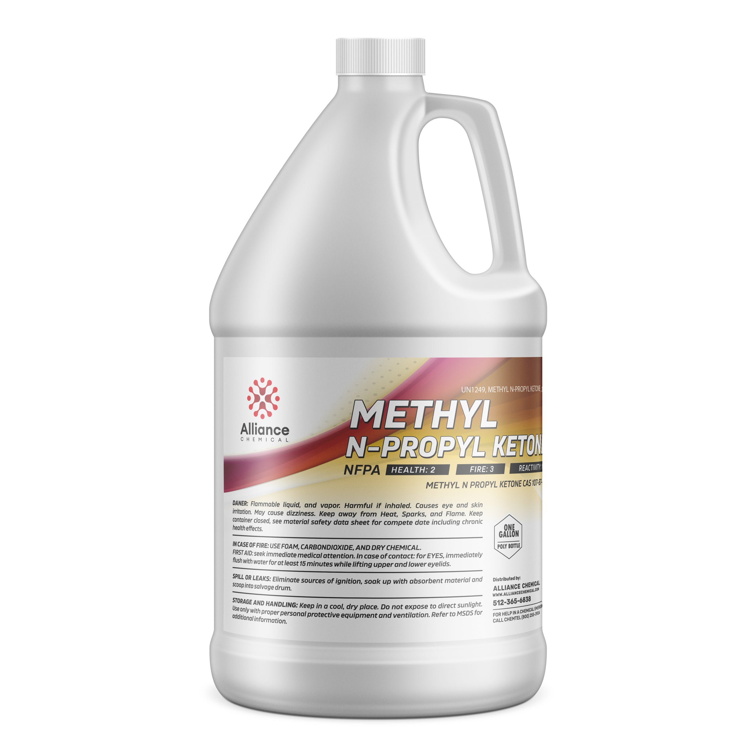 One-gallon methyl n-propyl ketone (MPK) in white HDPE container with NFPA diamond, hazard warnings and Alliance Chemical branding.
