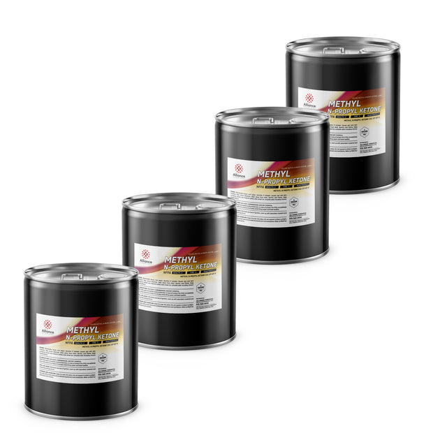 4x5-gallon industrial drums of Methyl N-Propyl Ketone (MPK), black metal containers with Alliance Chemicals labels, hazard